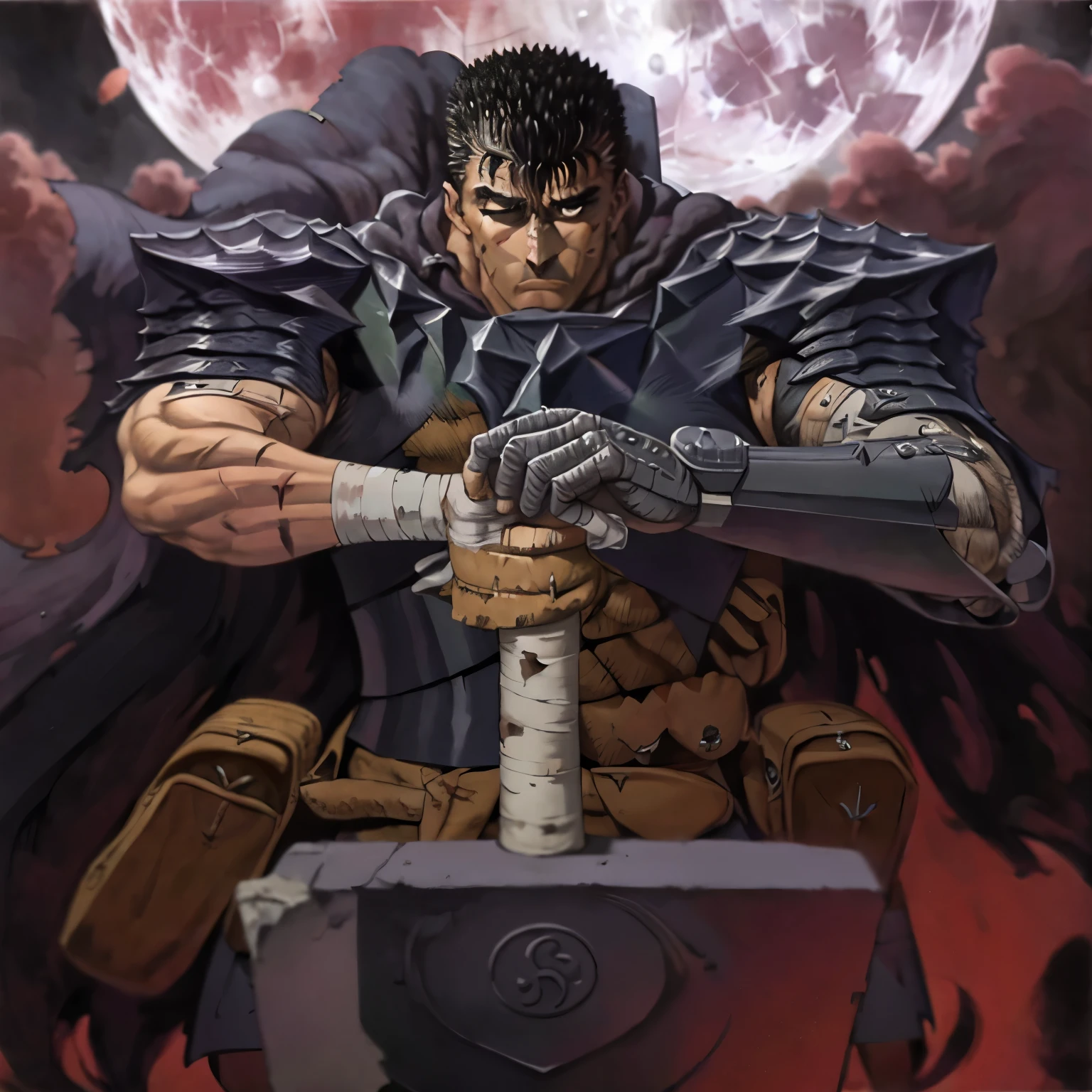 masterpiece, best quality, highly detailed, guts \(berserk\), dynamic angle, from above, running fighting stance, attack battle form, floating debris dust stones winds,armor, one eye closed, scar, bandages, black hair, cape, male focus, manly, holding sword, huge sword, holding, traditional media, weapon, full moon