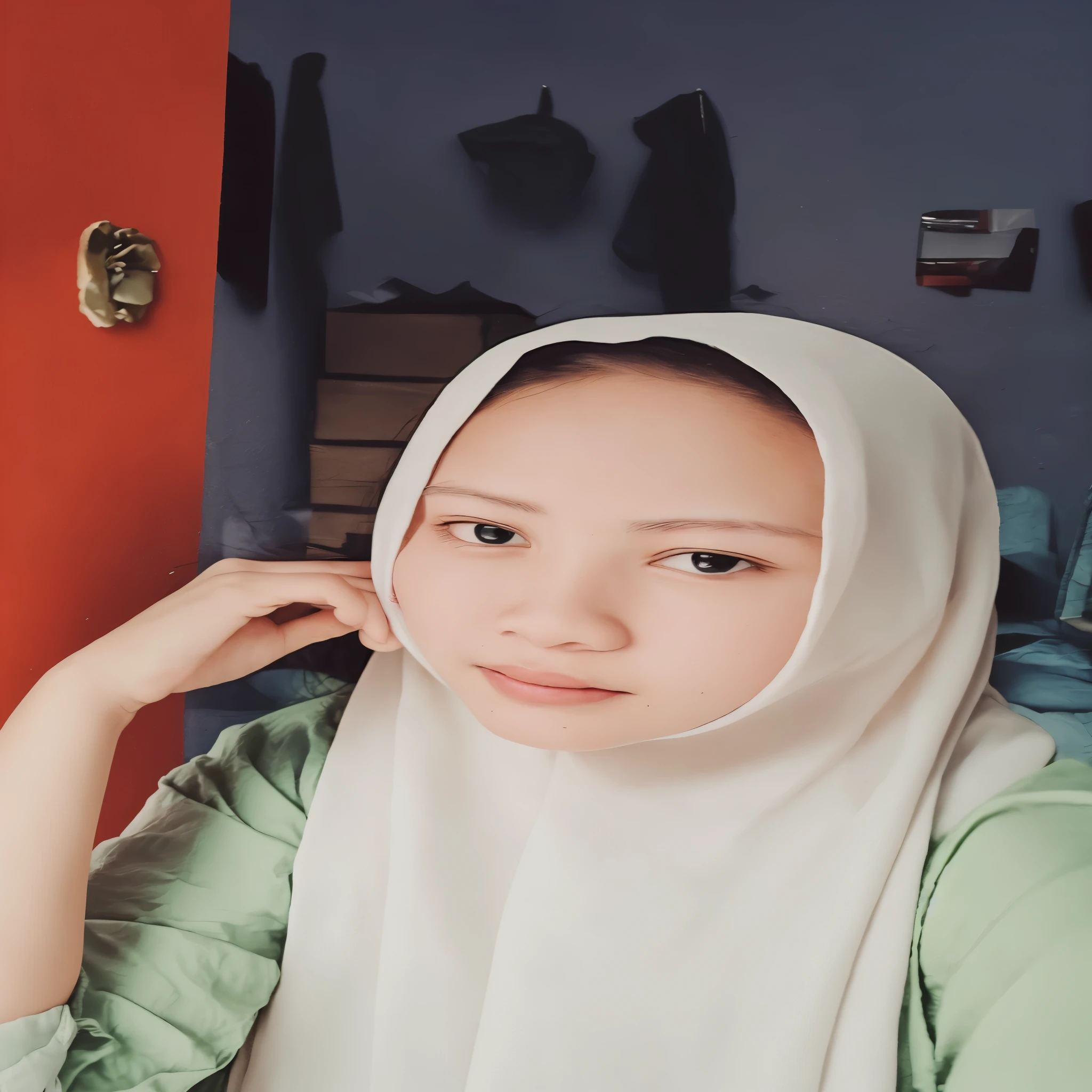 there is a woman wearing a white head scarf and a green shirt, with accurate face, close up potrait, face picture, with kind face, old picture, inspired by Naza, south east asian with round face, asian face, with round face, potrait, picture, faridah malik, 🤤 girl portrait, taken with sony alpha 9, student, clean face
