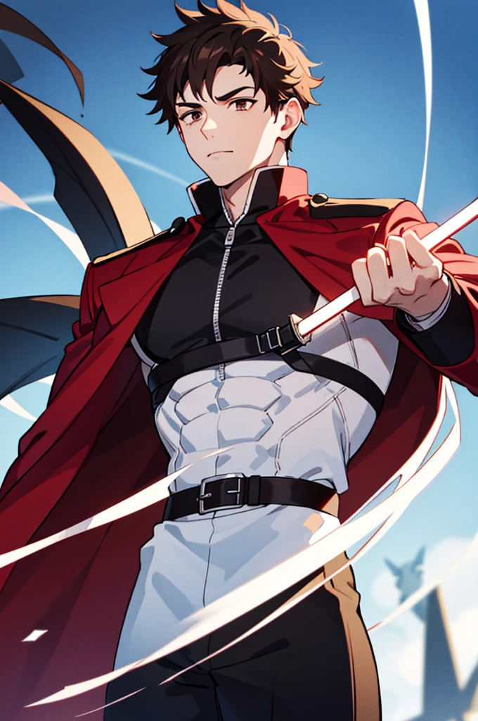 1man with a shredded physique wearing a plain white shirt and black pants and a big red coat with short brown hair and holding a white sword with light brown eyes