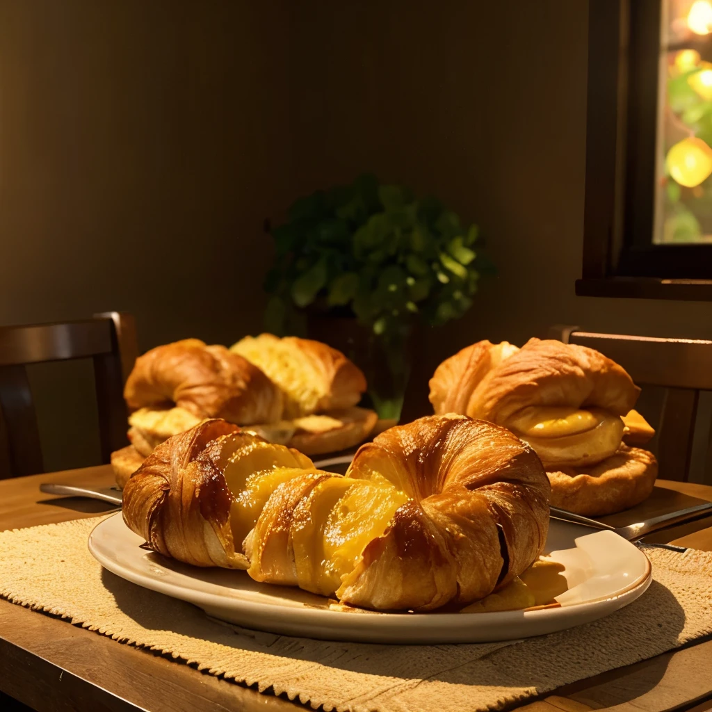 Generate a photorealistic image of a hot cheese-filled croissant. The scene should be set on a breakfast table, illuminated naturally to highlight the details of the croissant and create a cozy atmosphere. Emphasize the appetizing texture of the croissant, ensuring to convey the feeling of warmth and freshness in the image.
