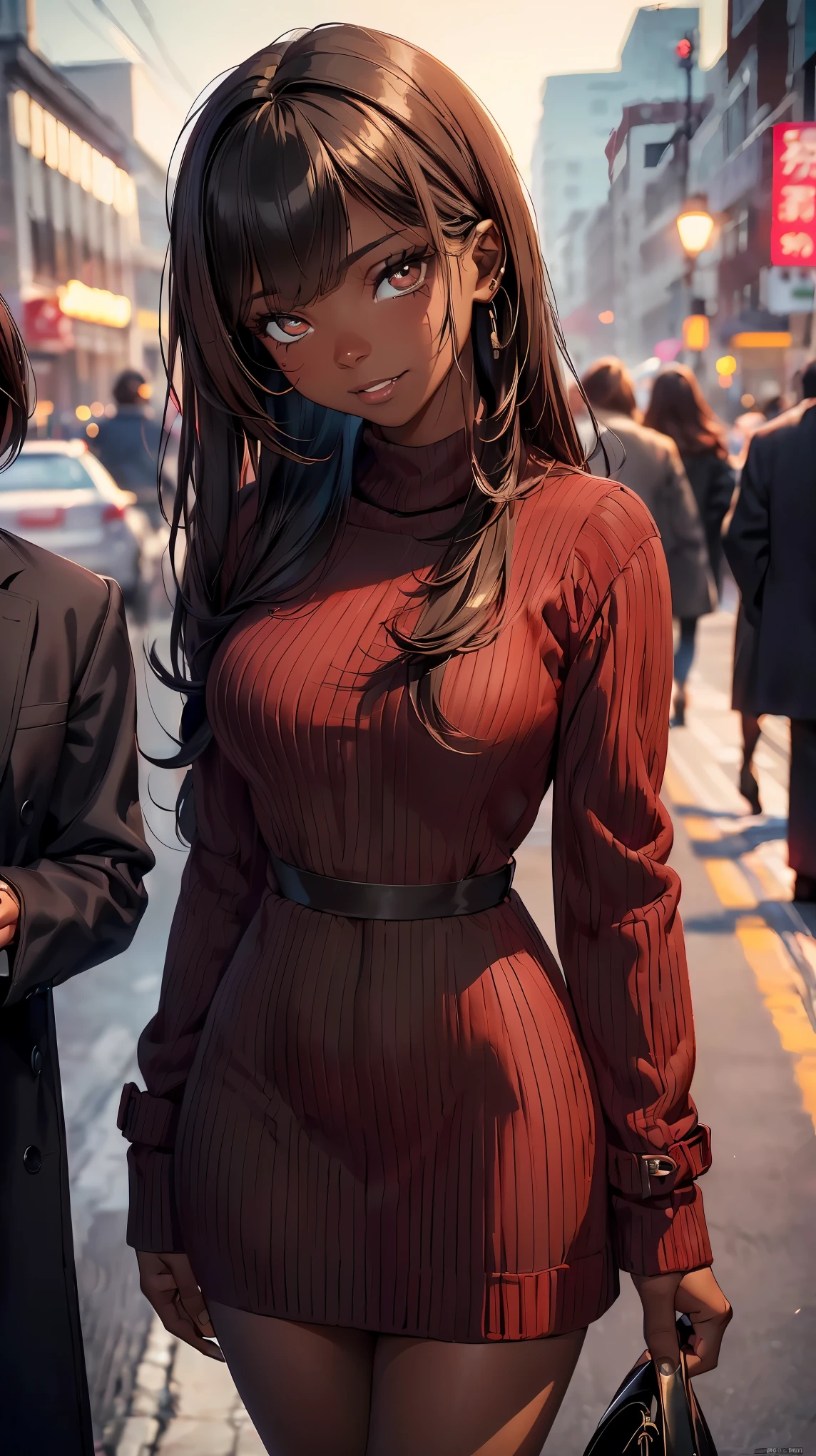 (8K, RAW photo, 最high quality, masterpiece:1.2), High-definition RAW color photo, Professional photo shoot, cinematic light, alone, (((young woman,beautiful black woman, ebony 1 female:1.2))), (Sharp features), (small face), (high detail skin:1.2), clavicle, cute face, beautiful appearance, long eyelashes, (rainbow hair), beautiful breasts, (slim body shape:1.4), very detailed顔と肌の質感, detailed eyes, double eyelid, look sideways, comb your hair with both hands, ((Deep ebony:1.9, black skin:1.2)), ((long bangs on one side, asymmetrical bangs, One eye hides, dreadlocks)), slender body, ((open your mouth and smile:1.2, upward glance)), big breasts, normal hip joint, cowboy shot, composition from above, (((red-brown knit dress:1.2, Long coat with open front))), Beautiful night view background, staring eyes, shiny skin, perfect fingers, five fingers, anatomically correct, background bokeh, high quality, surreal, bright colors, ((very detailed, photo shoot)),