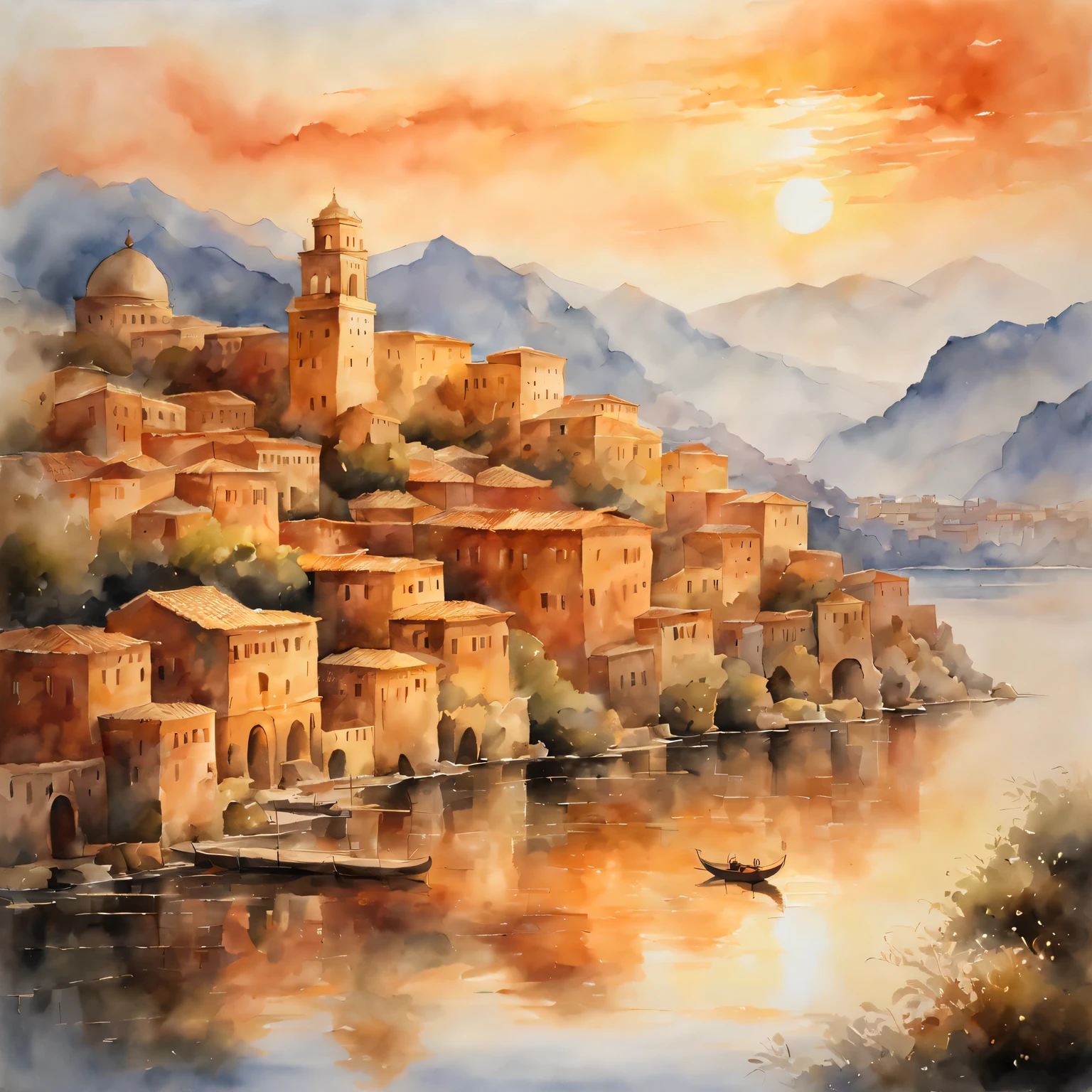 (masterpiece, best quality), traditional watercolor painting：ancient city under sunset，Warm colors，Soft brushstrokes，The game of light and shadow，Reflective water surface，peaceful atmosphere，charm，classic style，romantic atmosphere，Rose，Endless levels，soft edge，Exquisite details，fading light，distant mountains，Bright sky，peaceful
