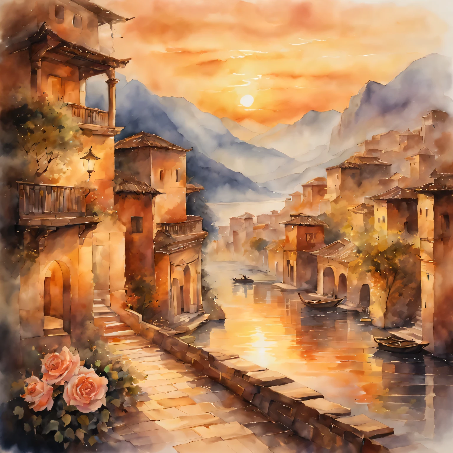 (masterpiece, best quality), traditional watercolor painting：ancient city under sunset，Warm colors，Soft brushstrokes，The game of light and shadow，Reflective water surface，peaceful atmosphere，charm，classic style，romantic atmosphere，Rose，Endless levels，soft edge，Exquisite details，fading light，distant mountains，Bright sky，peaceful