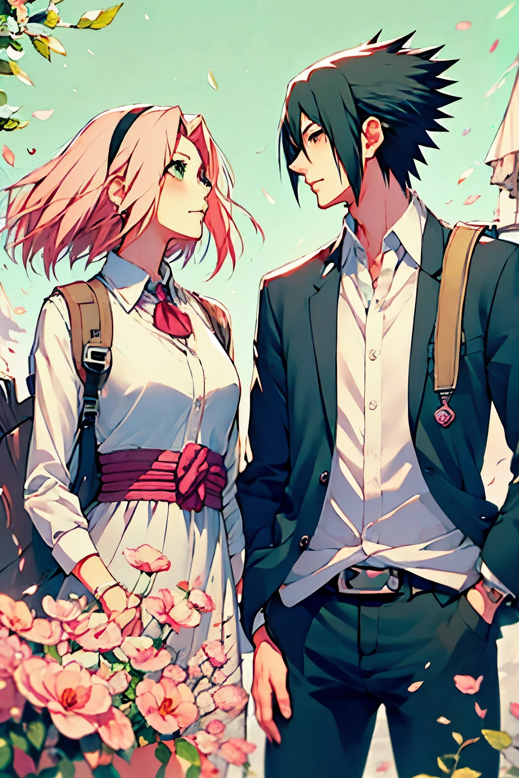 Sasusaku The couple in the photo are deeply in love and lost in the moment. Sasuke, The man is tall and handsome, with chiselled features and piercing black eyes. He has a confident and charismatic demeanor, And his love for the woman is evident in the way he looks at her with adoration. He's wearing a white shirt, increasing its sophisticated and refined appearance. The woman is equally stunning with soft features and delicate strokes, Ela tem, delicate hands, low water. Ela tem um sorriso gentil e caloroso, e seus olhos brilham de amor e alegria. Her hair is long and pink that fall elegantly around her face, increasing your romantic and dreamy appearance. She's wearing a flowing dress with a cherished neckline and star accents., adding to your romantic and flamboyant look. Junto, o casal parece ter acabado de sair de um conto de fadas. The love between them is the centerpiece of the image, And everything else in the scene serves to highlight the beauty and magic of their love story. They are alone. (Duas pessoas). it&#39;s night, They are in a garden.