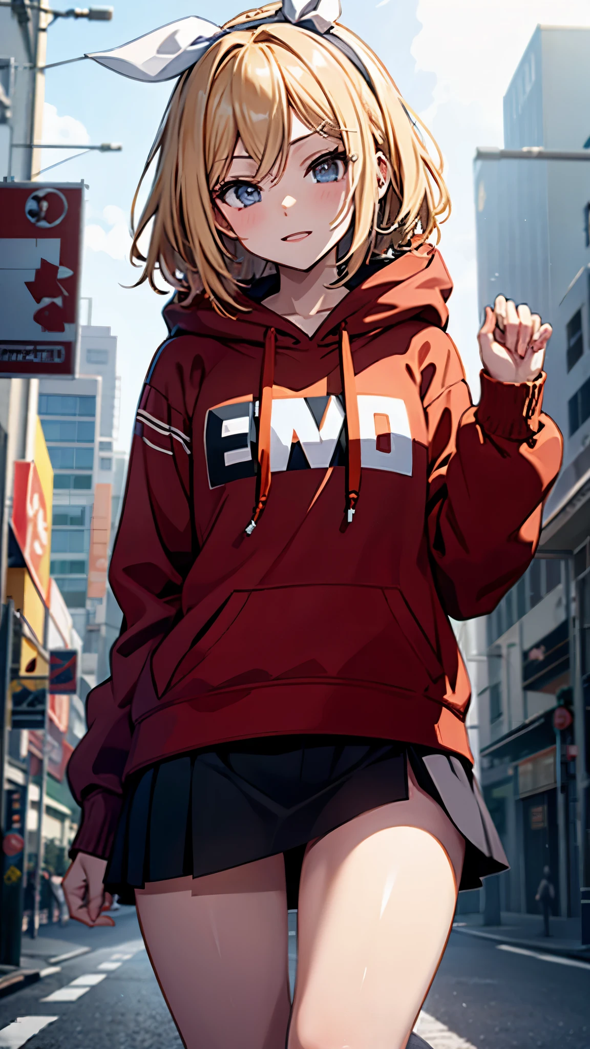 Kagamine rin , 1 girl , wearing a red hooded sweater , white miniskirt with gold horizontal lines , viendo al espectador , bragas visibles , rostro seductor ,(imagen de ultra alta calidad 8k ) obra maestra ( high-definition picture ) , maximum image resolution , ( detalles de la imagen bien definidos )