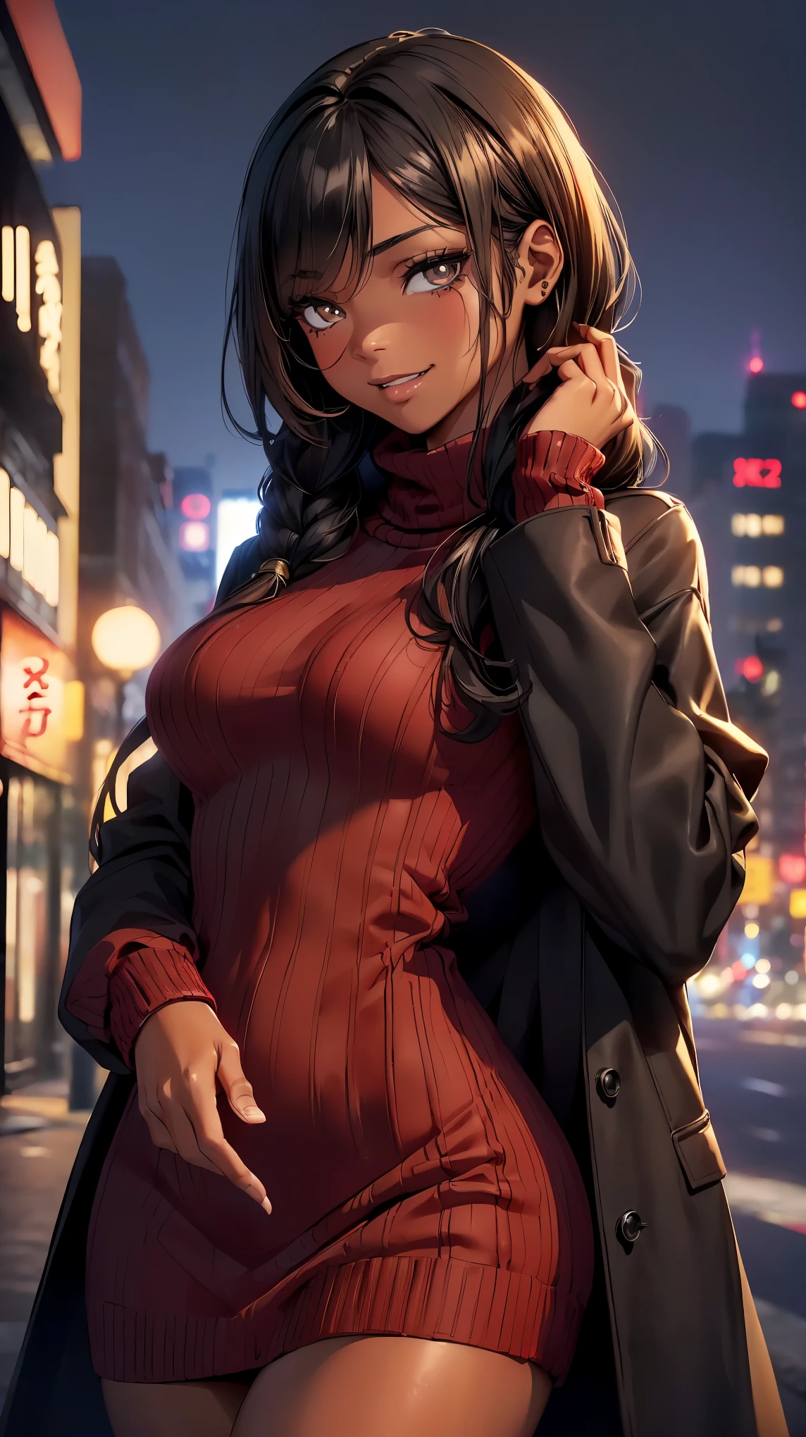 (8K, RAW photo, 最high quality, masterpiece:1.2), High-definition RAW color photo, Professional photo shoot, cinematic light, alone, (((young woman,beautiful black woman, ebony 1 female:1.2))), (Sharp features), (small face), (high detail skin:1.2), clavicle, cute face, beautiful appearance, long eyelashes, (rainbow hair), beautiful breasts, (slim body shape:1.4), very detailed顔と肌の質感, detailed eyes, double eyelid, look sideways, comb your hair with both hands, ((Deep ebony:1.9, black skin:1.2)), ((long bangs on one side, asymmetrical bangs, One eye hides, dreadlocks)), slender body, ((open your mouth and smile:1.2, upward glance)), big breasts, normal hip joint, cowboy shot, composition from above, (((red-brown knit dress:1.2, Long coat with open front))), Beautiful night view background, staring eyes, shiny skin, perfect fingers, five fingers, anatomically correct, background bokeh, high quality, surreal, bright colors, ((very detailed, photo shoot)),