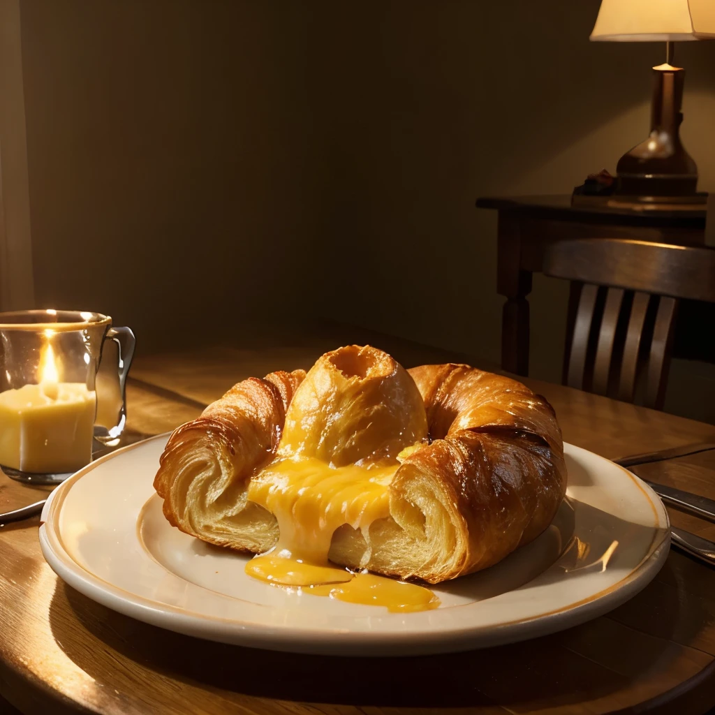 Generate a photorealistic image of a hot cheese-filled croissant. The scene should be set on a breakfast table, illuminated naturally to highlight the details of the croissant and create a cozy atmosphere. Emphasize the appetizing texture of the croissant, ensuring to convey the feeling of warmth and freshness in the image.