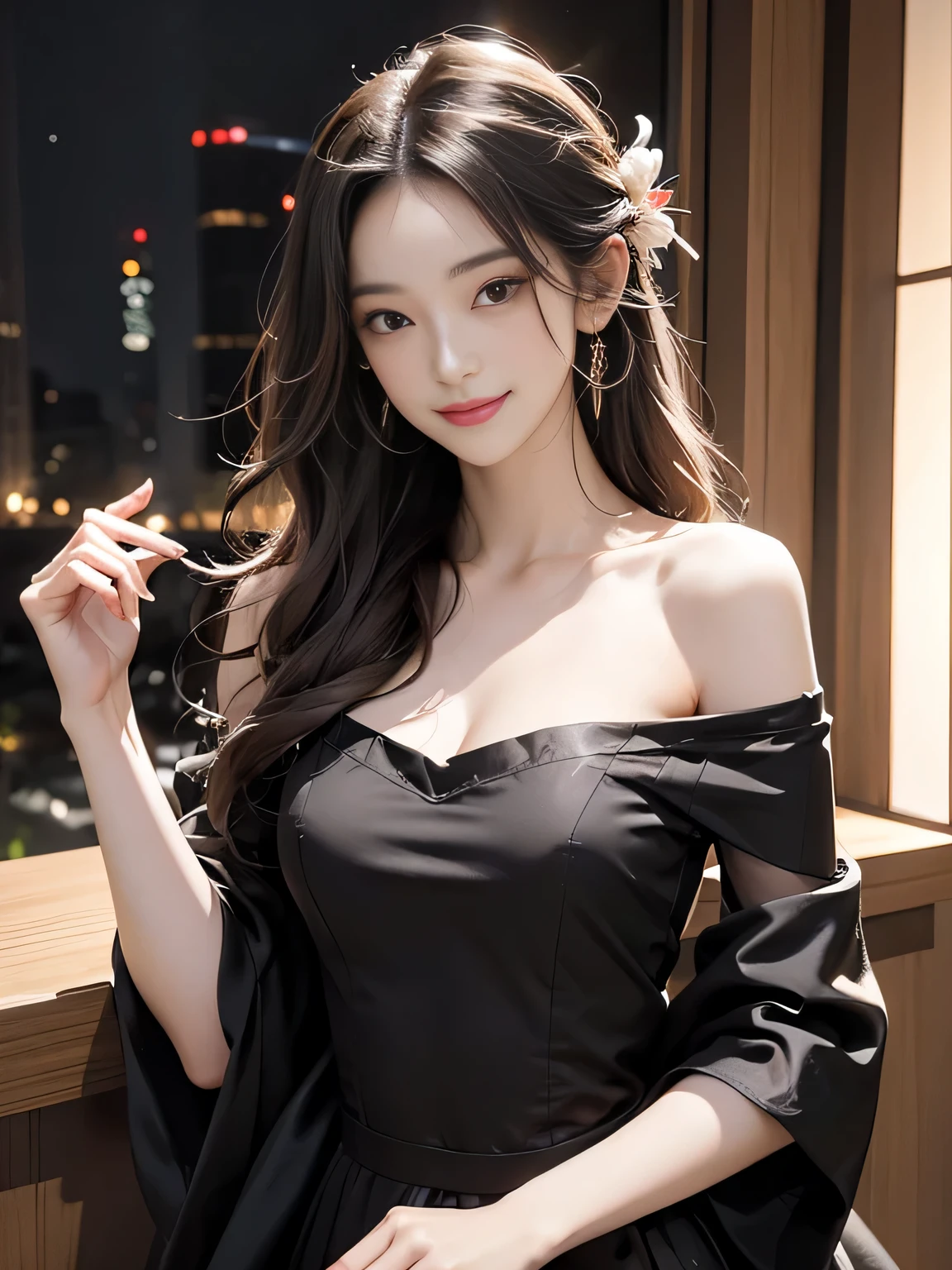 ultra high resolution、super high quality、8K、Detailed details、marvelous expression、1 female、tall slender woman、Super Smile、long brown curly hair、luxurious hair ornament、Off-shoulder see-through dress in black satin fabric、Luxury hotel party venue background、