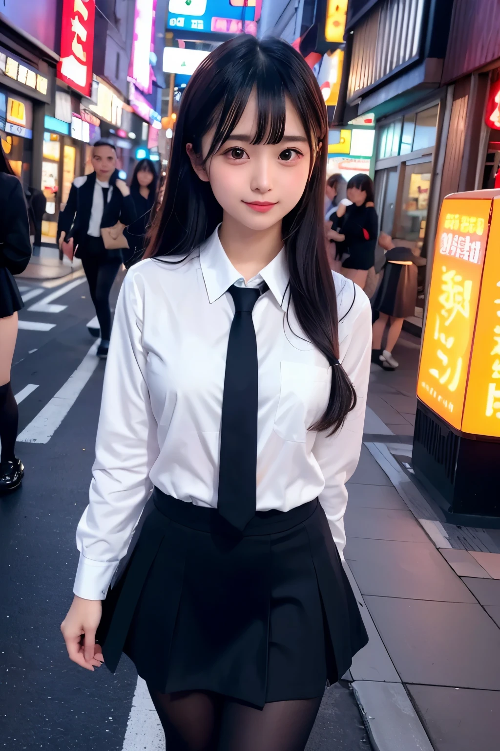 high angle shot、center view、A woman standing on a neon street at midnight、Phenomenally cute 、japanese girl uniform、summer clothes、Microminiskirt、urreal 、loafers、She wears black tights that show a little bit of skin.、black tights、Japanese high school 、Nogizaka Idol、Plump thighs、Full body Esbian