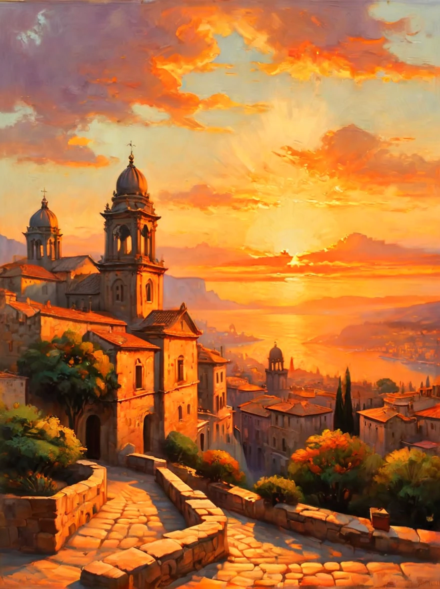 ancient city at sunset, vibrant sunset hues, historical buildings silhouette, glowing sky, peaceful river, reflecting sun, lush greenery, city walls, towers, tranquil atmosphere, old-world charm, birds flying home