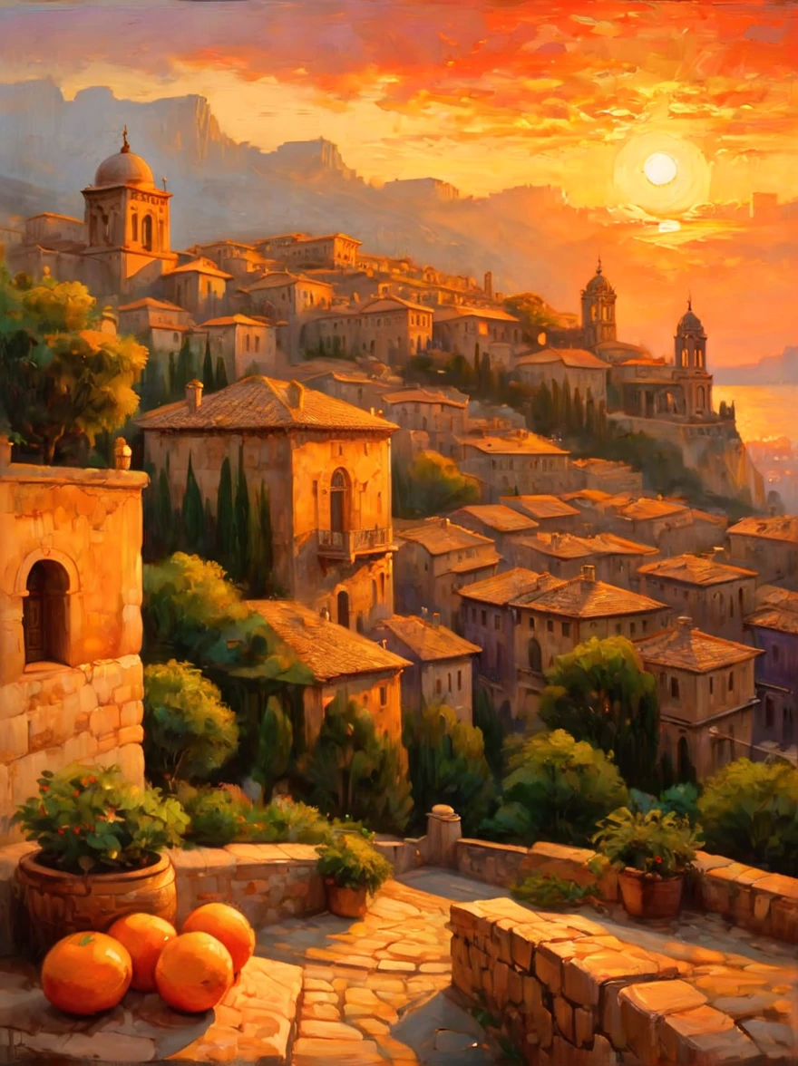 An ancient city at sunset, capturing the essence of the old town and the ambiance of the setting sun. The painting focuses on the historical architecture of the city, with its stone walls, arches, and tiled roofs. The sun is setting in the background, casting a warm, golden glow over the cityscape. The sky is a vibrant canvas of oranges, reds, and purples, reflecting the sun's final rays. The atmosphere is serene and nostalgic, emphasizing the timeless beauty of the ancient city under the enchanting sunset.