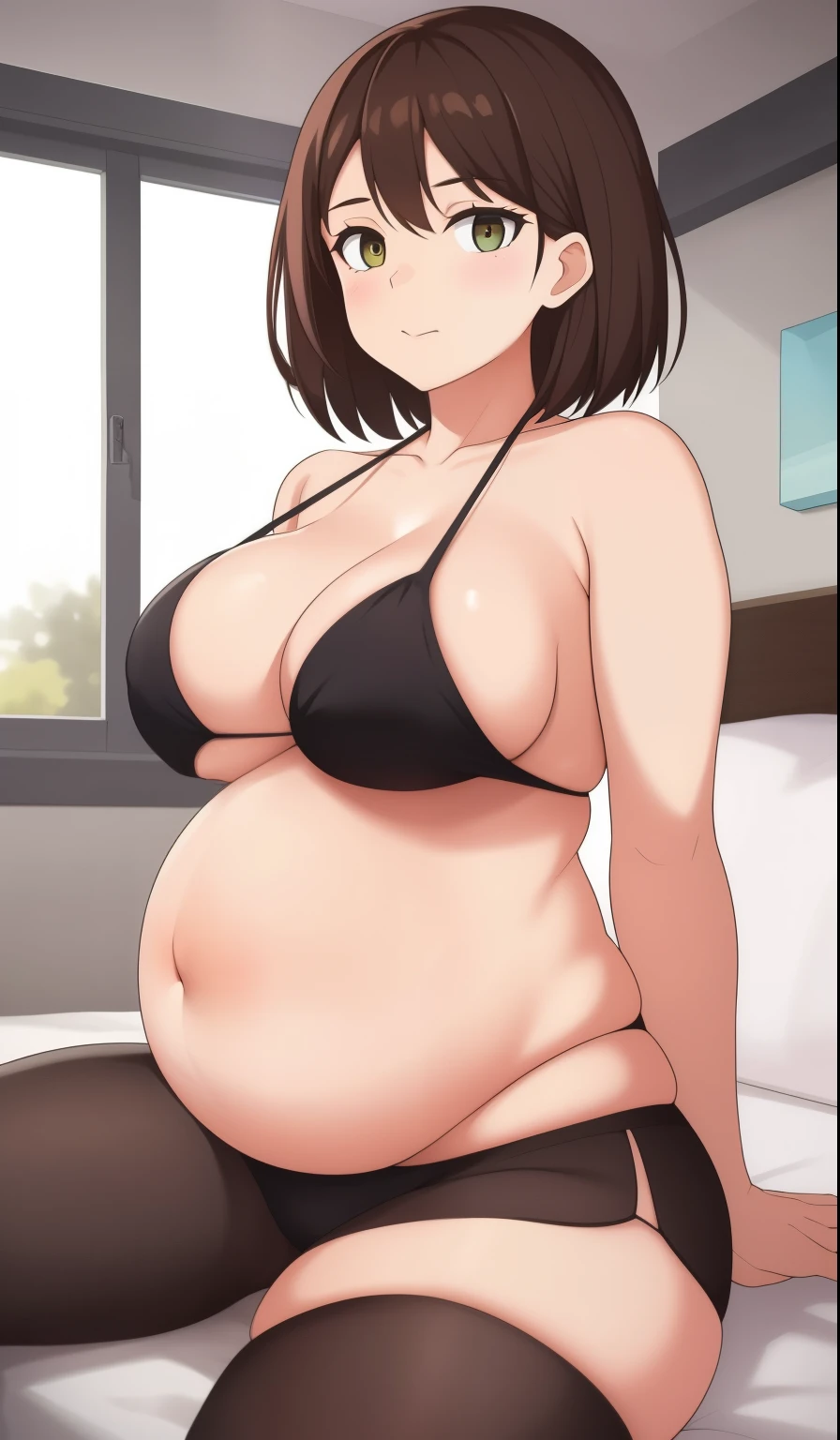 1 Australian girl, skinny, big bloated belly, brown hair, sitting on bed, holding on to her belly, squeezing her belly. tight skin,