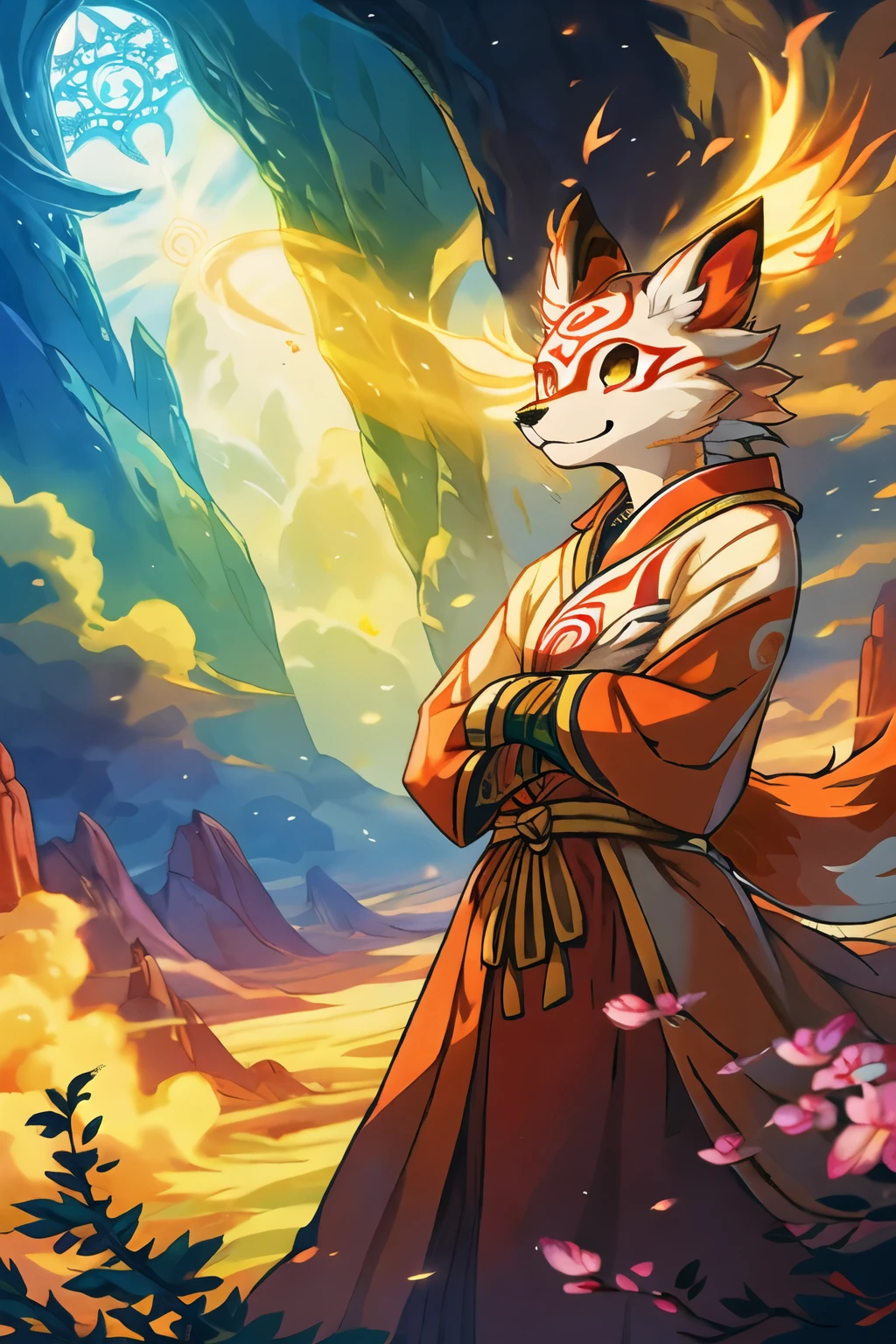 beautiful wallpaper, safe for work, anthro, (Amaterasu/Ōkami), detailed fur, vibrant colors, mystical atmosphere, divine light, intricate patterns, ethereal beauty, enchanting scenery, intricate details, high-quality resolution, fantasy artwork