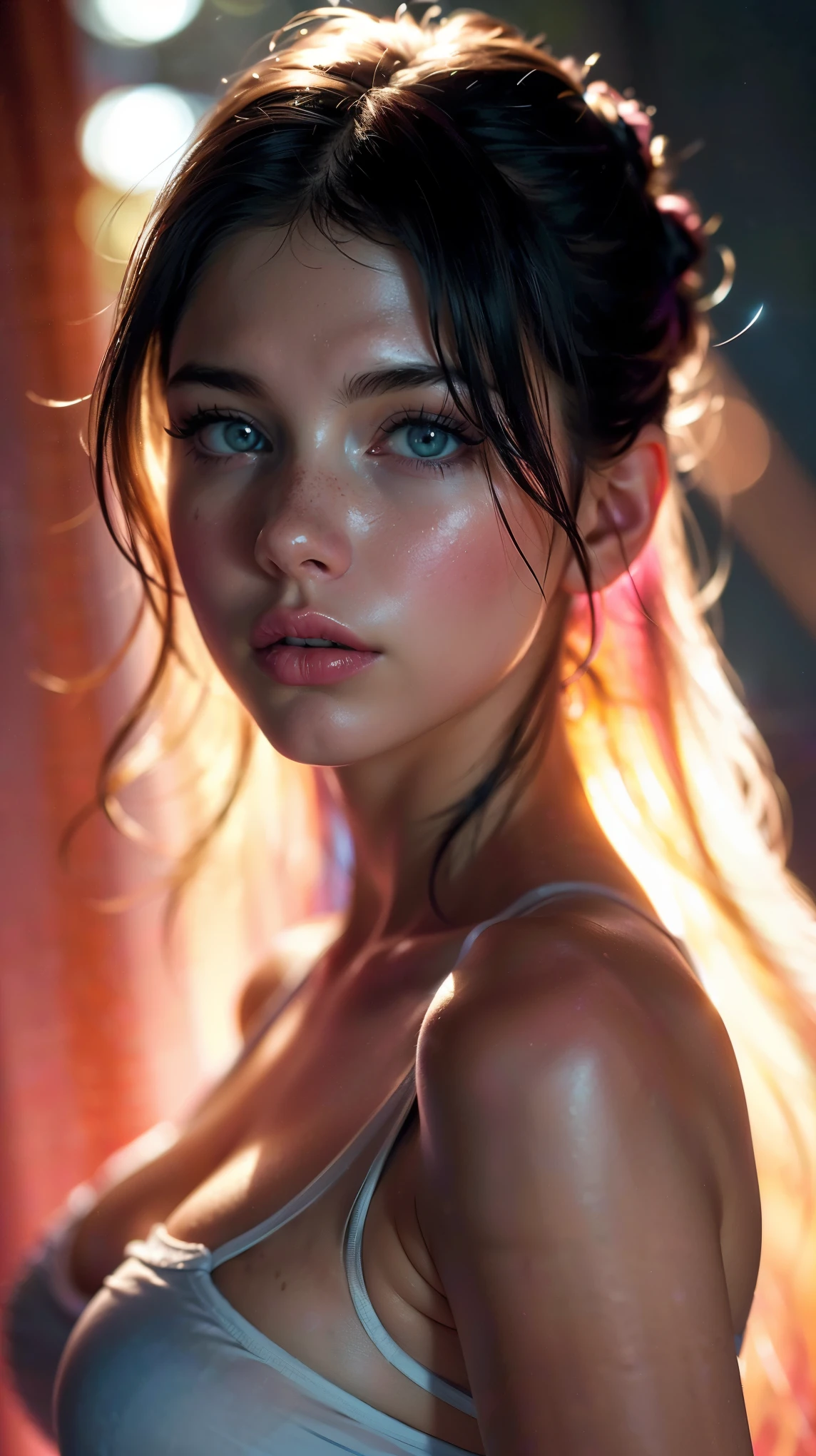 (((ultra realistic))) Photo, masterpiece, top quality, (pale skin), (Ultra detailed face and eyes:1.3), 1 girl, Adult, in a T-shirt, (Eye makeup, mascara) , ((large detailed lips)), ((Pink волнистые волосы)), ((Chyolka)) , (Natural breasts), Slim waist. ((Posing)), photoshoot, studio (soft lighting), (The play of light and shadows), depth of field, bokeh, (special attention to skin detail: 1.2), Detailed leather texture, skin pores. (Warm atmosphere of the frame. Color range - black, purple, Pink, blue tones), UDR, ((Film grain)), ((rays)), ((glare of the sun)), ((waist up portrait, close to the camera)) , ultra detialed,