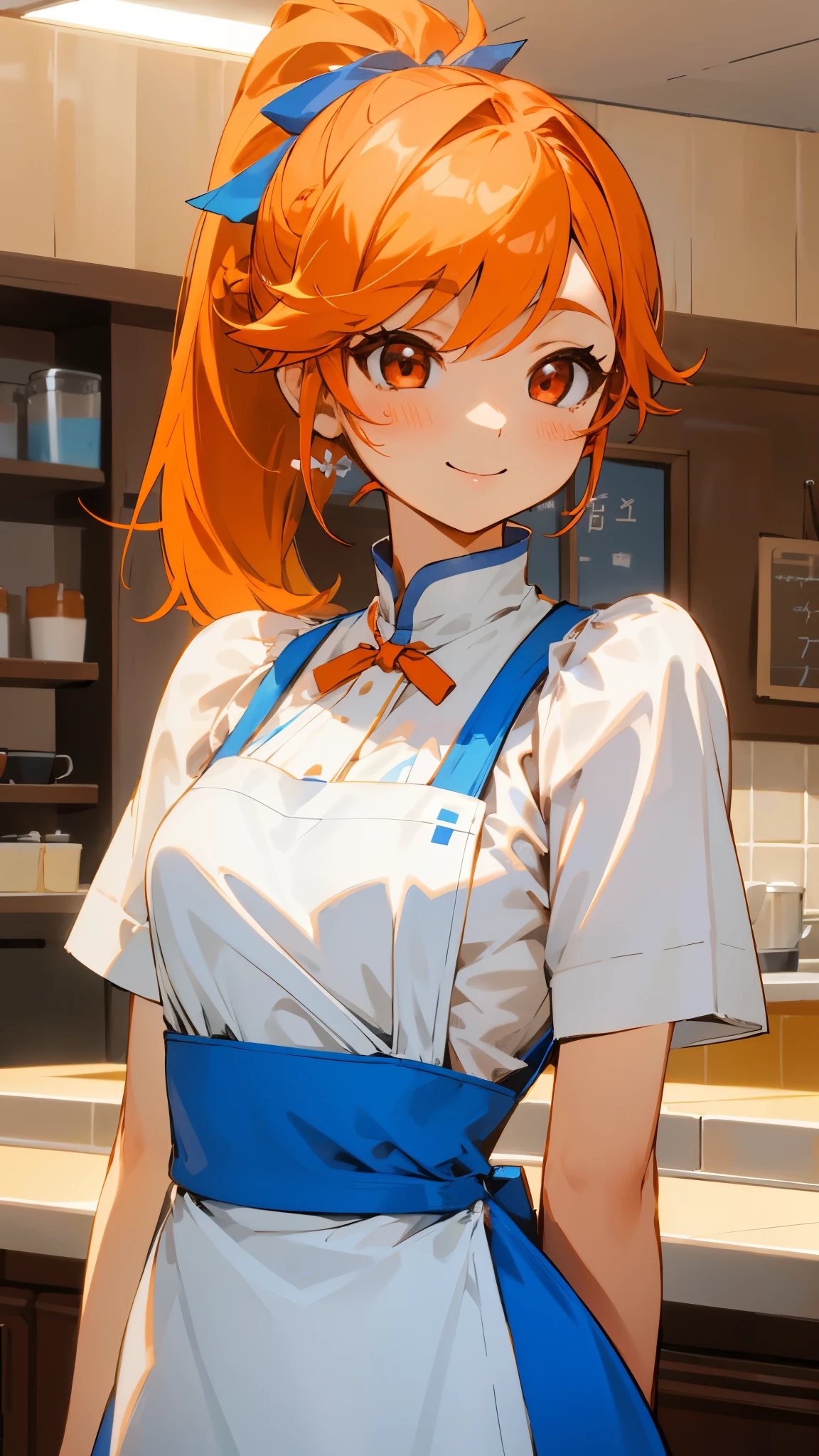 1 girl、white blouse、blue skirt、upper body up、orange hair、ponytail、red round eyes、small breasts、smile、Apron appearance、((indoor、morning、Cafe))、sharp outline