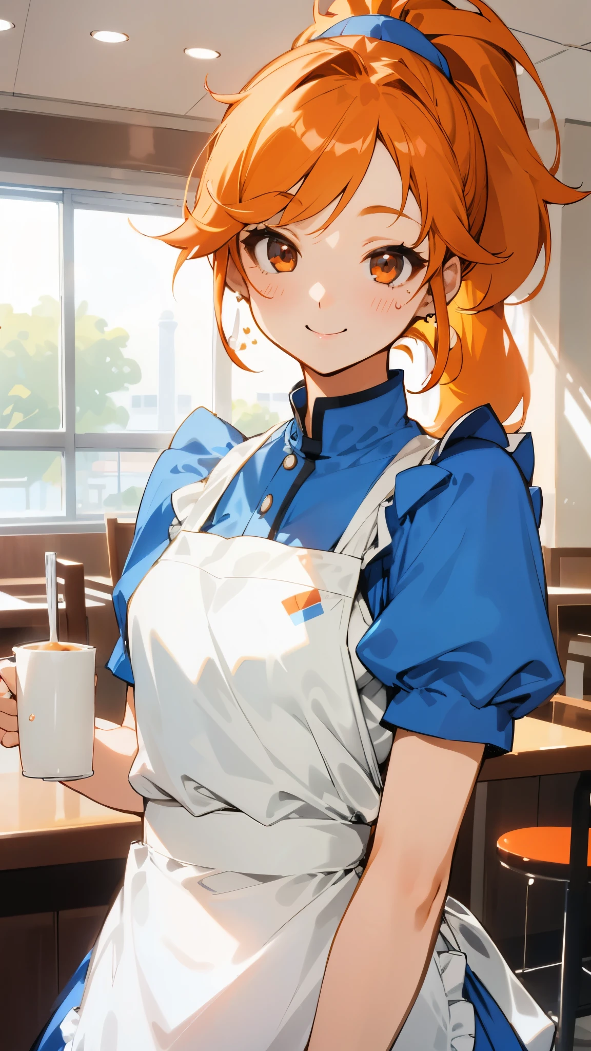 1 girl、white blouse、blue skirt、upper body up、orange hair、ponytail、red round eyes、small breasts、smile、Apron appearance、((indoor、morning、Cafe))、sharp outline