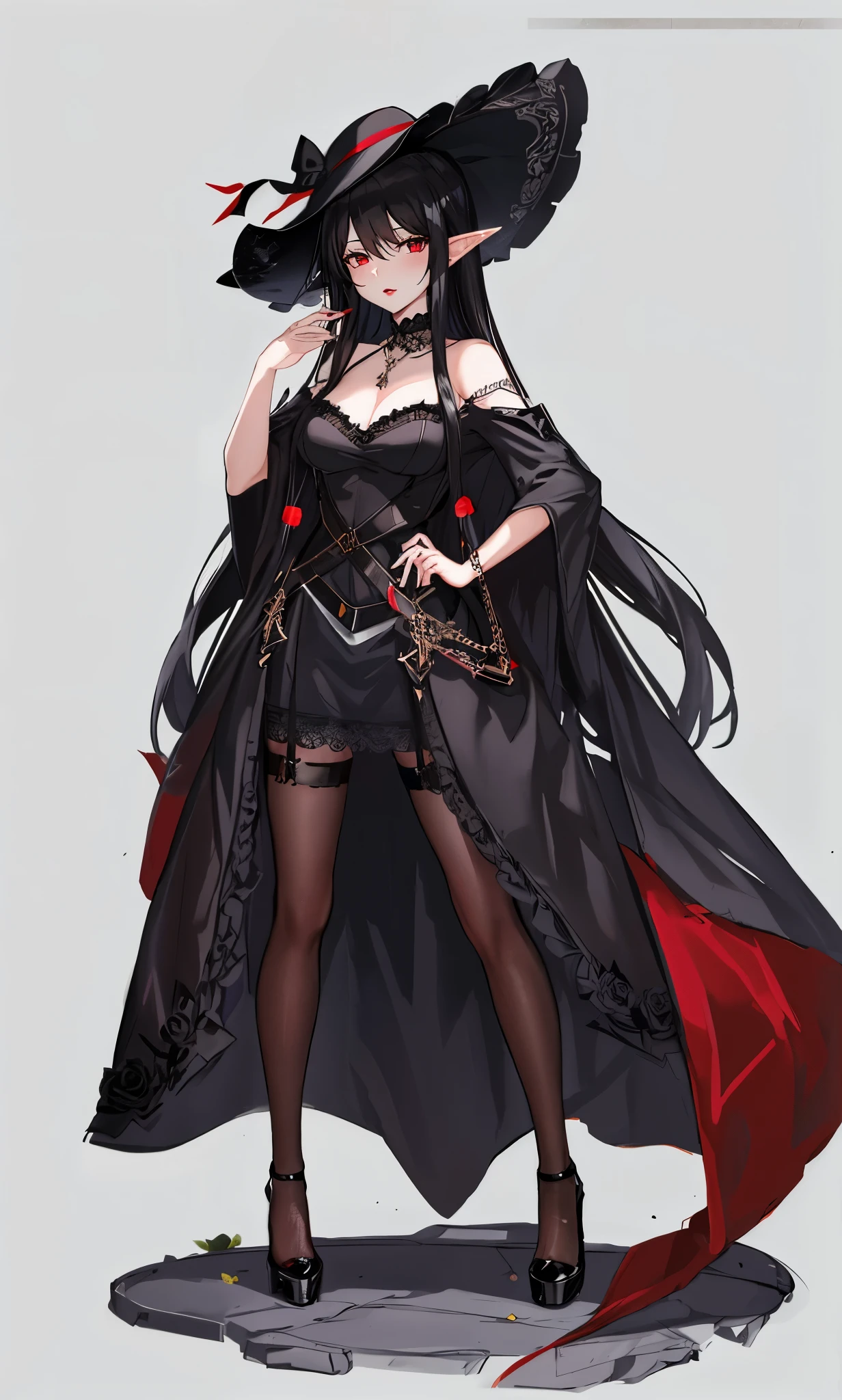 long black hair,close up,dream world,Elf royal sister,red lips,long black hair凌乱的发丝,Nice red eyes,ruins background,Black Rose Garden,grace,Manicure,Huge wide-brimmed black hat,(Black lady hat),necklace,humanoid,Baroque, Her skin is very white, fair complexion,(Black lace long dress,Black lace suspenders),pointed toe high heels,