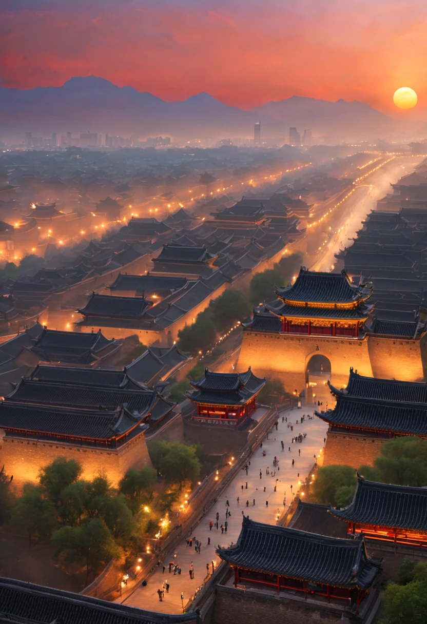 Xi'an, China Xi'an is one of the important ancient capitals in China,city wall、The bell tower and other ancient buildings show a simple and solemn beauty, a romantic and mysterious atmosphere, and the best quality under the setting sun., 4K, high resolution, Realistic Ultra-detailed、Exquisite and beautiful、masterpiece