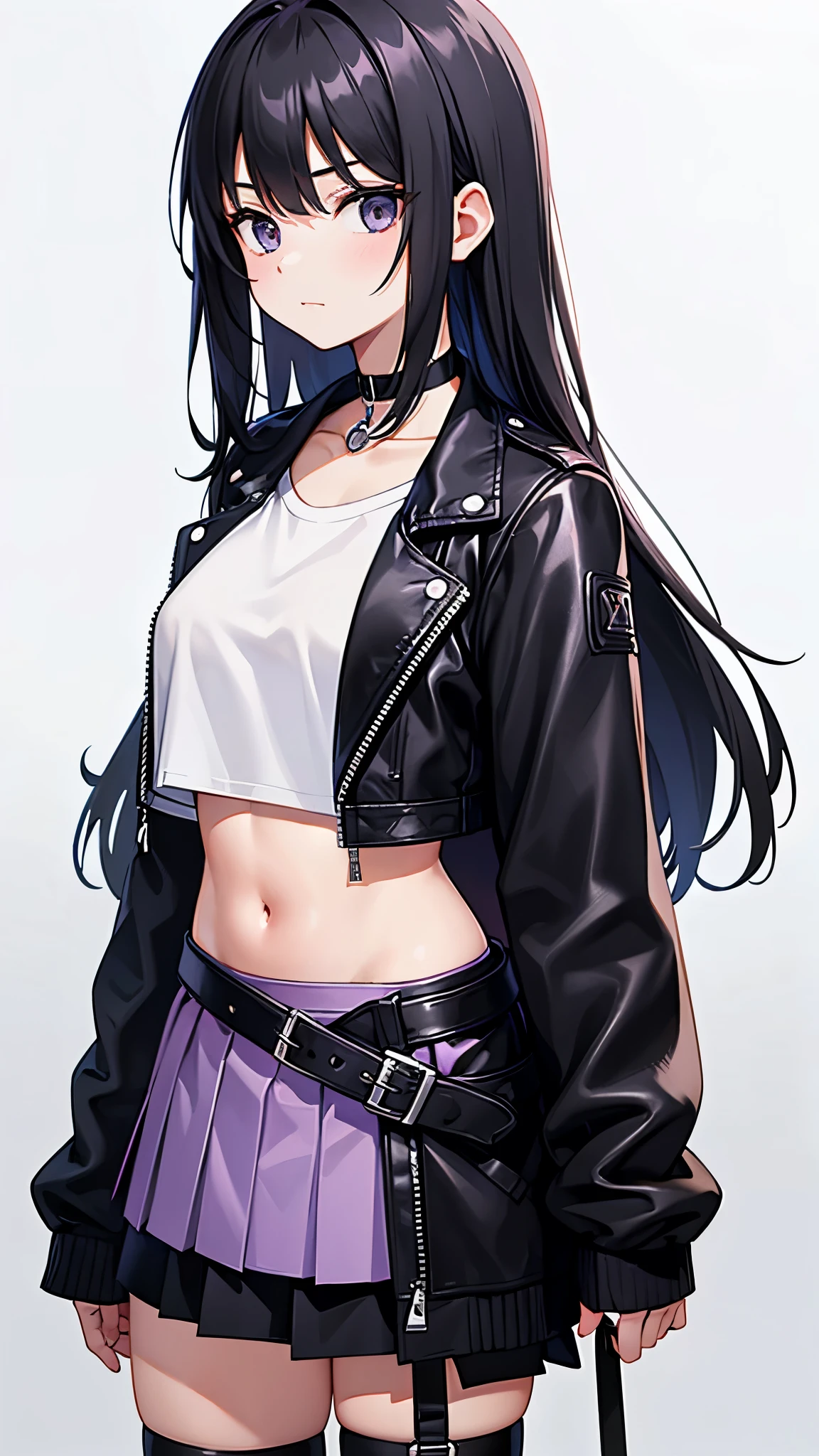 1 girl, alone, skirt, Jacket, black Jacket, White background, black hair,pure white background, choker, leather, long hair, leather Jacket, thigh strap, black hair, jewelry, put your hand on your waist, shirt, open Jacket, abdomen, cowboy shot,cool face , bangs, white shirt, black choker, miniskirt, purple skirt, black eyes, long sleeve, chest,  looking at the viewer, Are standing, closed mouth, black hair,  crop top, looking to the side