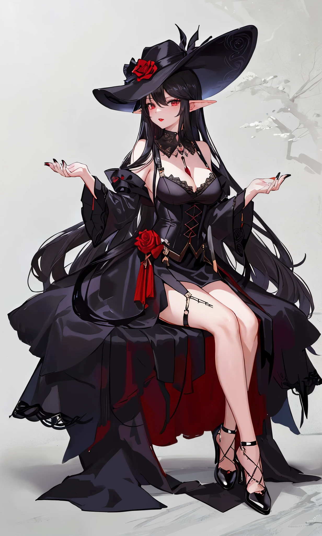 long black hair,close up,dream world,Elf royal sister,red lips,long black hair凌乱的发丝,Nice red eyes,ruins background,Black Rose Garden,grace,Manicure,Huge wide-brimmed black hat,(Black lady hat),necklace,humanoid,Baroque, Her skin is very white, fair complexion,(Black lace long dress,Black lace suspenders),pointed toe high heels,