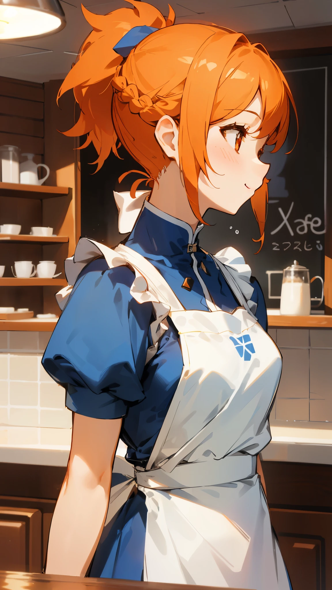 1 girl、white blouse、blue skirt、upper body up、orange hair、ponytail、red round eyes、small breasts、smile、Apron appearance、((indoor、morning、Cafe))、sharp outline