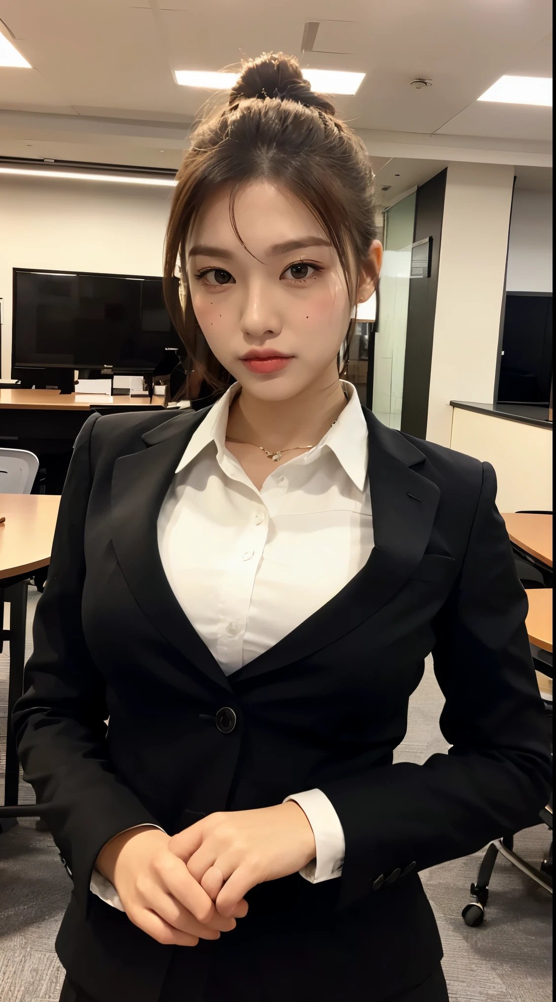(table top,high quality:1.3),(Depth of bounds written:1.3) ,((Front body:1.35)), Japanese ,Beautiful woman,bun hair,black business suit,collared shirt, business skirt,huge breasts,(looking at the viewer:1.3),(whole body:1.1),office