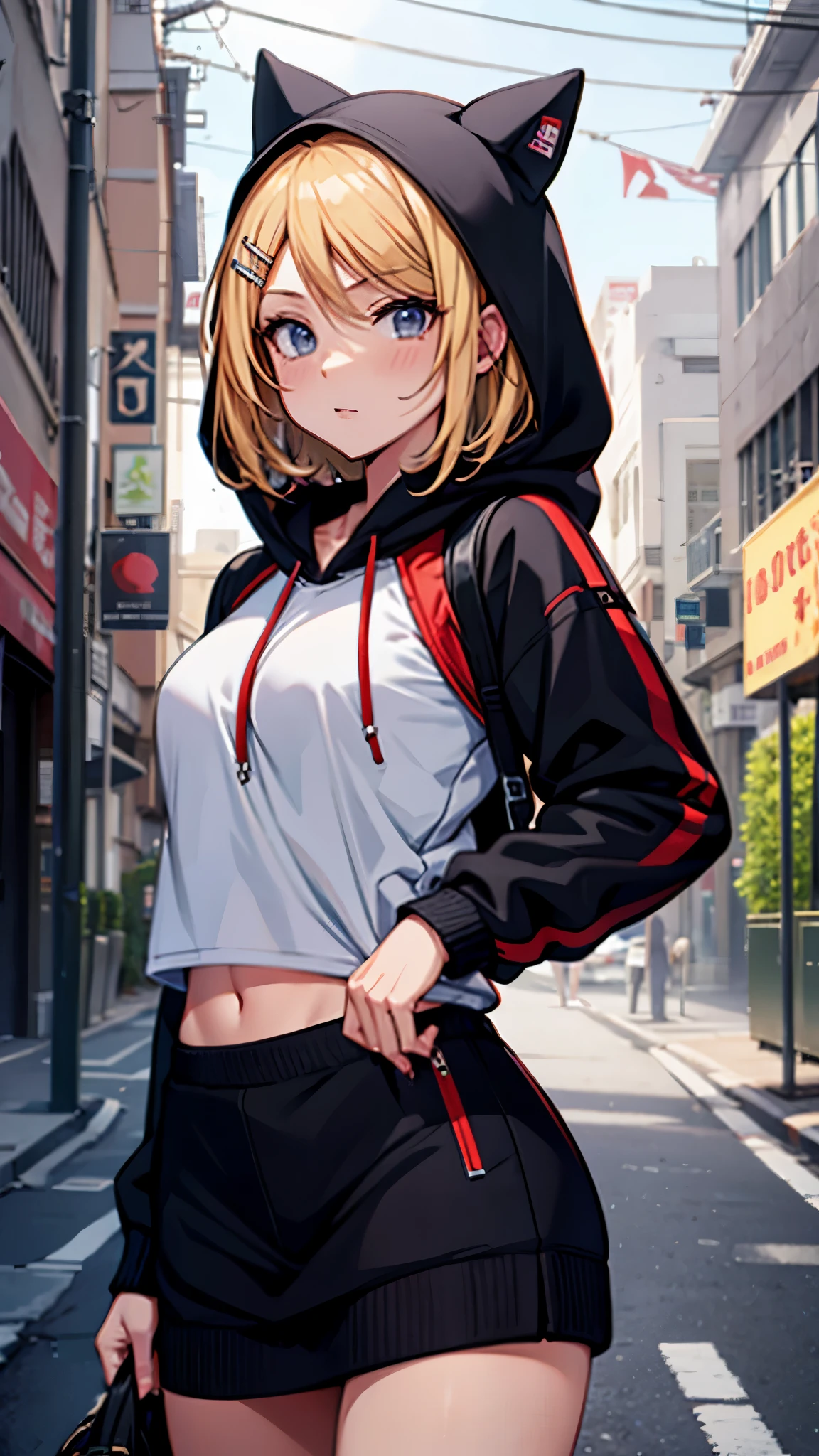 Kagamine rin , 1 girl , wearing a red hooded sweater , white miniskirt with gold horizontal lines , viendo al espectador , bragas visibles , rostro seductor ,(imagen de ultra alta calidad 8k ) obra maestra ( high-definition picture ) , maximum image resolution , ( detalles de la imagen bien definidos )