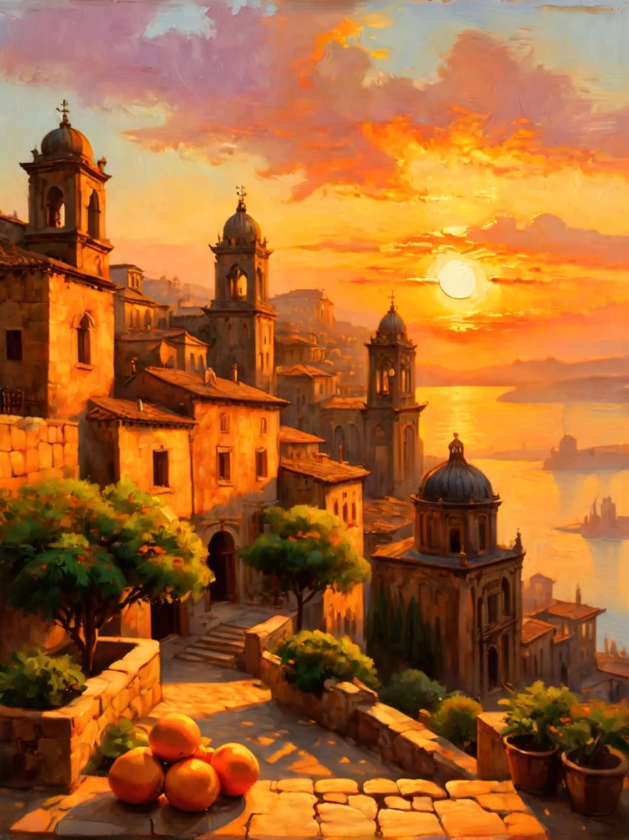 An ancient city at sunset, capturing the essence of the old town and the ambiance of the setting sun. The painting focuses on the historical architecture of the city, with its stone walls, arches, and tiled roofs. The sun is setting in the background, casting a warm, golden glow over the cityscape. The sky is a vibrant canvas of oranges, reds, and purples, reflecting the sun's final rays. The atmosphere is serene and nostalgic, emphasizing the timeless beauty of the ancient city under the enchanting sunset.