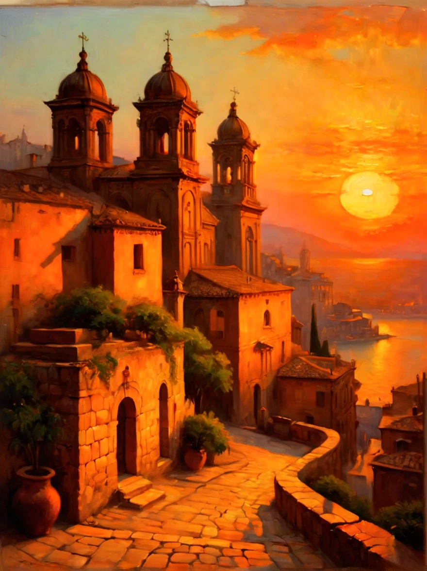 ancient city at sunset, vibrant sunset hues, historical buildings silhouette, glowing sky, peaceful river, reflecting sun, lush greenery, city walls, towers, tranquil atmosphere, old-world charm, birds flying home