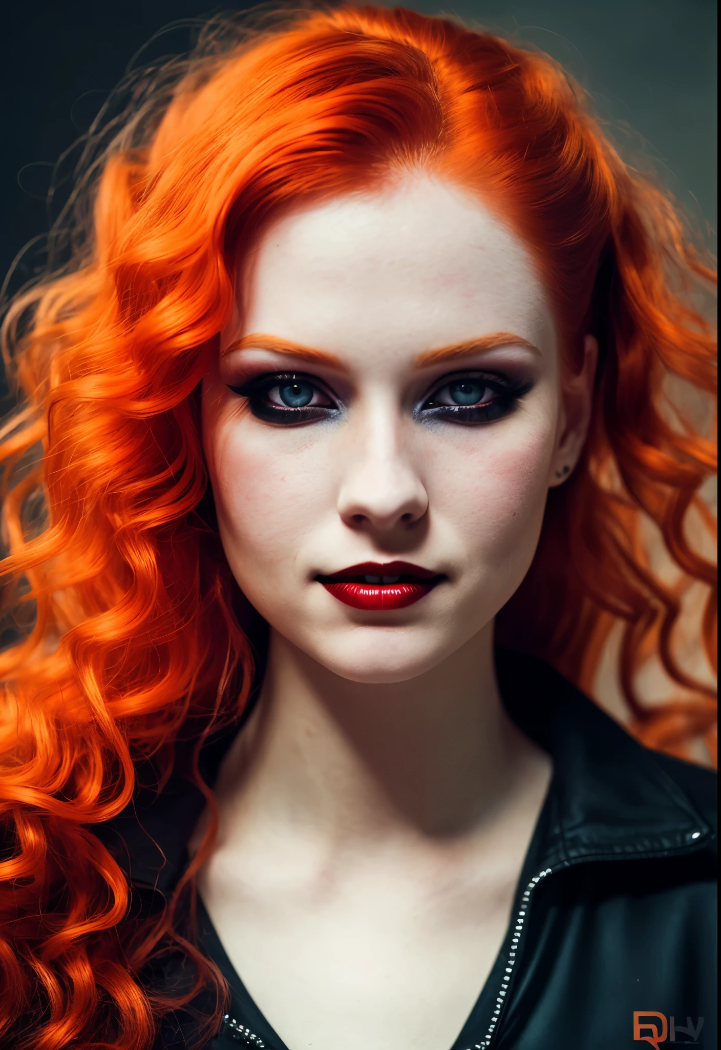 A red-haired woman with orange hues and cascading hair with pale skin and vampire features wearing a bulky, roupa de vinil decotada, , Gothic and dark and very heavy makeup looking at the camera in a dark background room and a light reflects on her face, She's standing and smiling and her lips pulled back and her vampire fangs appearing
3D RENDERING, cinematic red lighting, REALISTA
-V5.2-Q5 AR 9:16-S 500 ZOOM 15X)