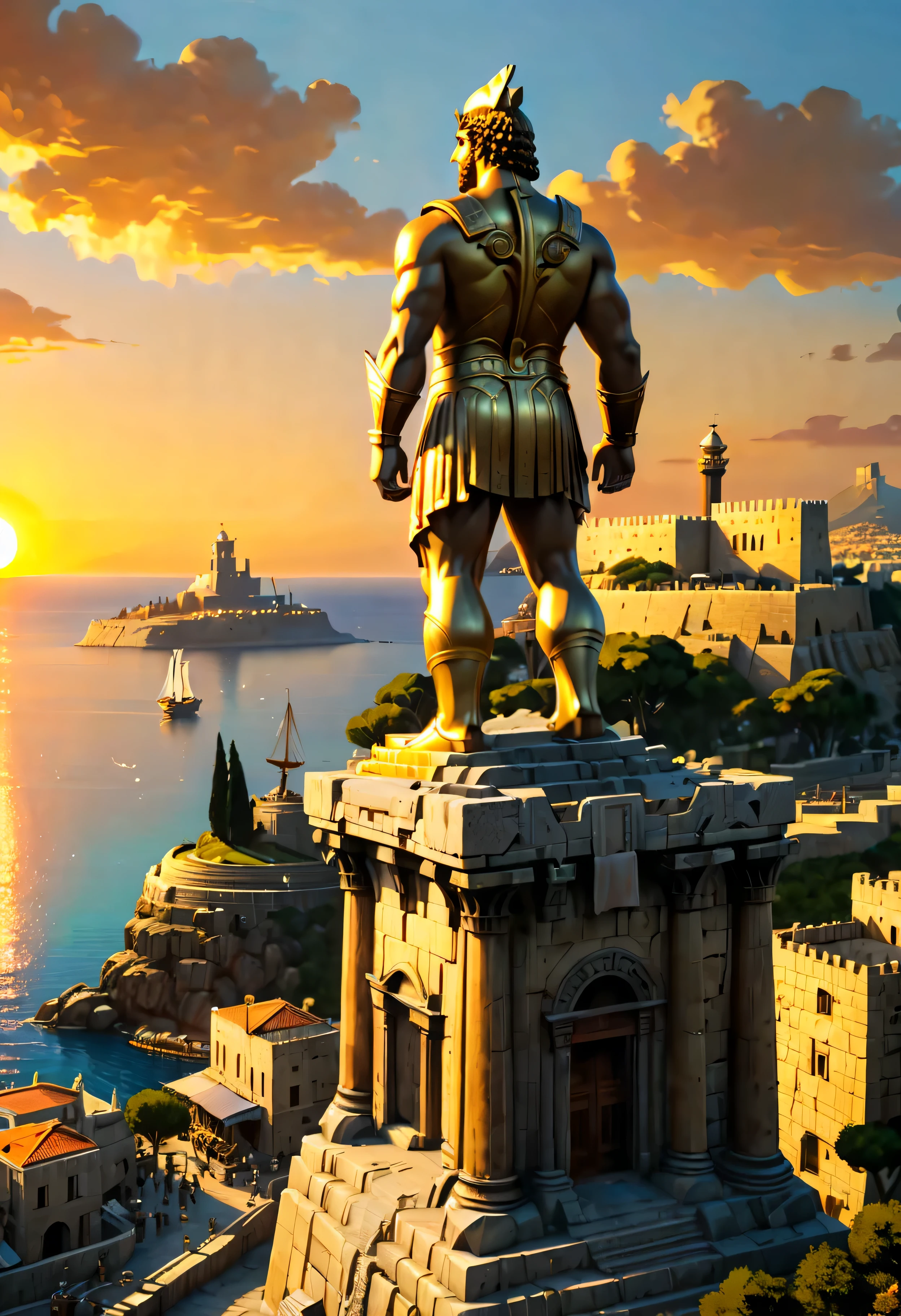 The corner castle terrace overlooks Ancient city of Rhodes with view of the Port, mesmerizing Colossus of Rhodes bathed by Sunset light,((golden hour time):1.2),((Ancient City with Port):1.2),((Colossus giant statue):1.1),delicate golden hour light, amazing wallpapers, beautiful surroundings, optimistic matte painting, Beautiful digital artwork, Ancient city background, Beautiful and detailed scenes, UHD underground, UHD landscape, Masjestic concept art, beautiful Ancient City. |(Masterpiece in maximum 16K resolution), the best quality, (very detailed CG unity 16k wallpaper quality),(Soft colors 16k highly detailed digital art),Super Detailed. | Perfect image,16k UE5,official painting, superfine, Depth of field, no contrast, clean sharp focus, professional, No blurring. | (((More detail))).
