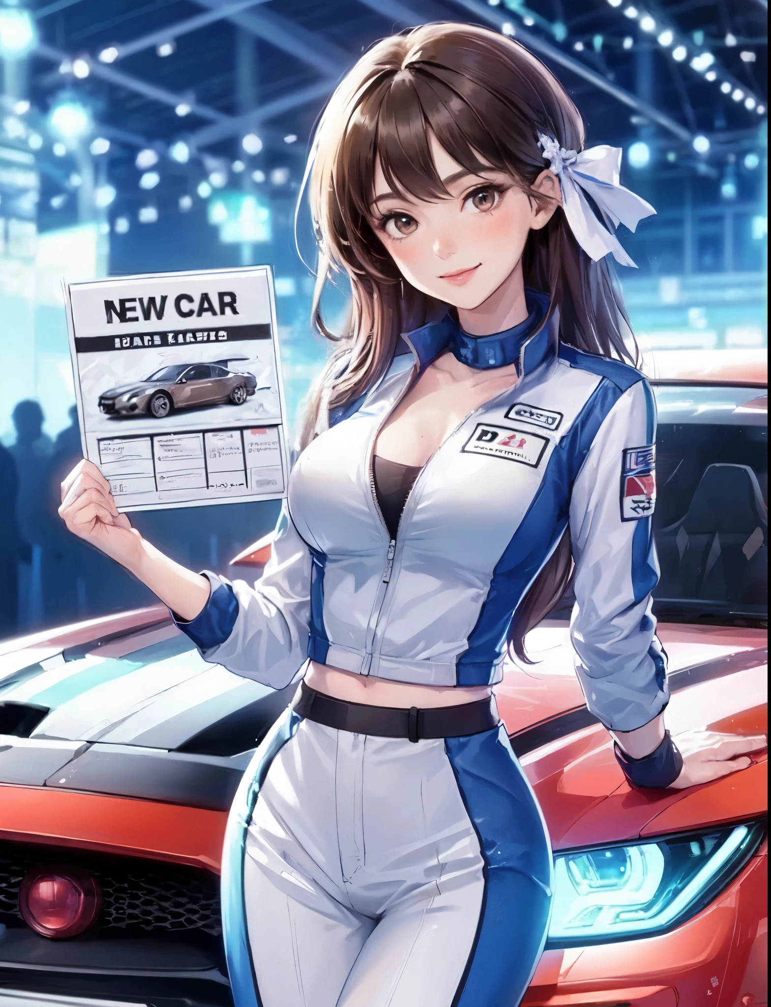 1lady solo standing, event staff (costume inspired by racer uniform), mature female, /(dark brown hair/) bangs, blush kind smile, (masterpiece best quality:1.2) delicate illustration ultra-detailed, large breasts BREAK (standing next to the latest model car), (holding panel with car name) BREAK (motor show indoors), audience, detailed background