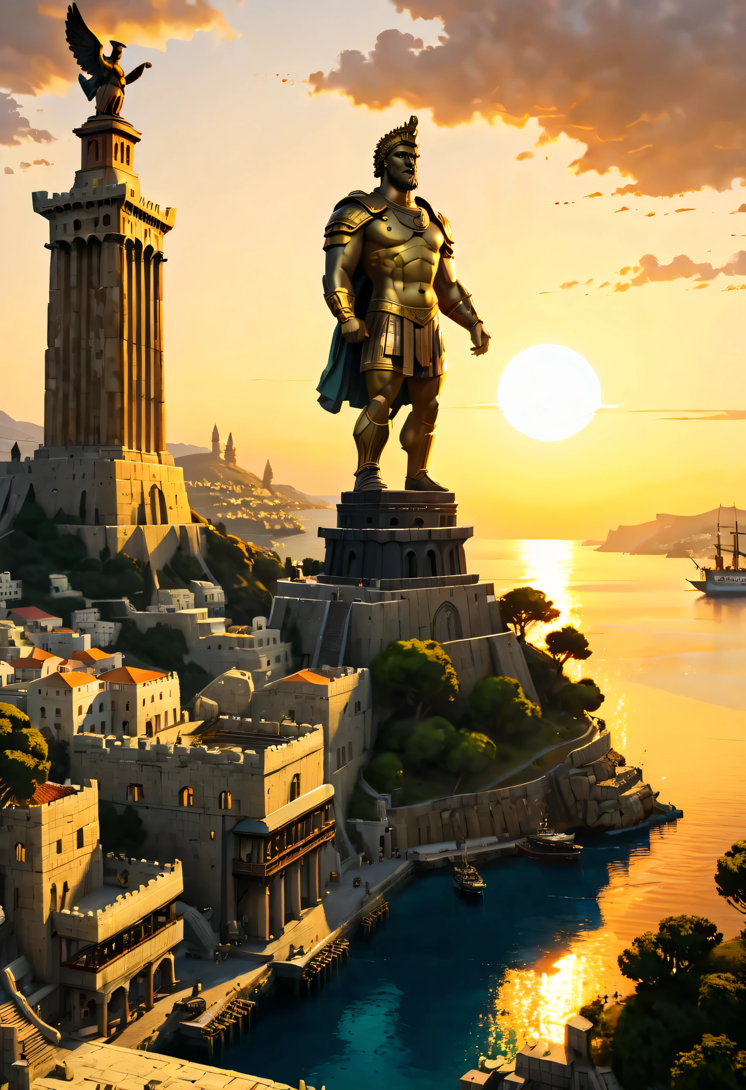 The corner castle terrace overlooks Ancient city of Rhodes with view of the Port, mesmerizing Colossus of Rhodes bathed by Sunset light,((golden hour time):1.2),((Ancient City with Port):1.2),((Colossus giant statue):1.1),delicate golden hour light, amazing wallpapers, beautiful surroundings, optimistic matte painting, Beautiful digital artwork, Ancient city background, Beautiful and detailed scenes, UHD underground, UHD landscape, Masjestic concept art, beautiful Ancient City. |(Masterpiece in maximum 16K resolution), the best quality, (very detailed CG unity 16k wallpaper quality),(Soft colors 16k highly detailed digital art),Super Detailed. | Perfect image,16k UE5,official painting, superfine, Depth of field, no contrast, clean sharp focus, professional, No blurring. | (((More detail))).