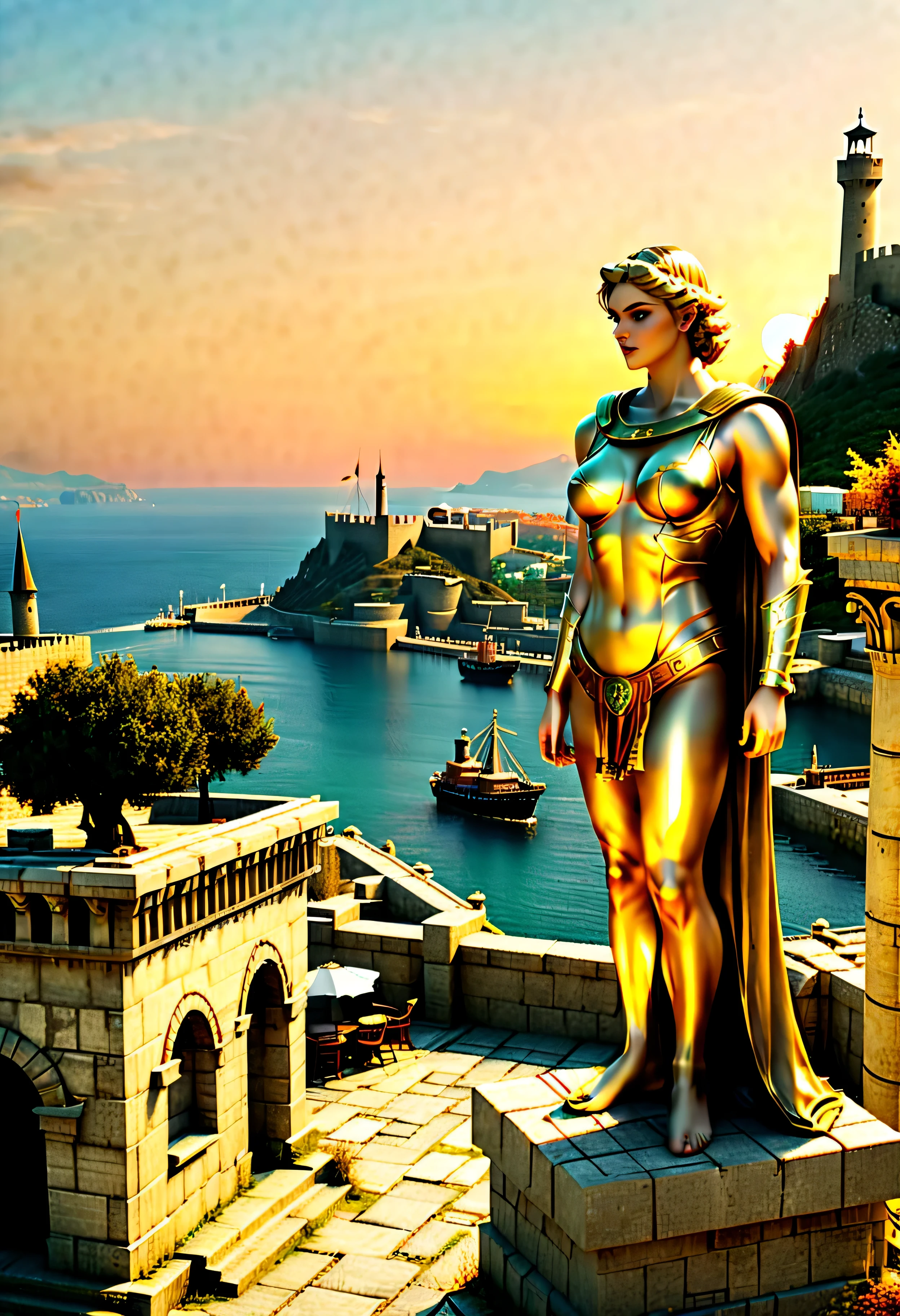 The corner castle terrace overlooks Ancient city of Rhodes with view of the Port, mesmerizing Colossus of Rhodes bathed by Sunset light,((golden hour time):1.2),((Ancient City with Port):1.2),((Colossus giant statue):1.1),delicate golden hour light, amazing wallpapers, beautiful surroundings, optimistic matte painting, Beautiful digital artwork, Ancient city background, Beautiful and detailed scenes, UHD underground, UHD landscape, Masjestic concept art, beautiful Ancient City. |(Masterpiece in maximum 16K resolution), the best quality, (very detailed CG unity 16k wallpaper quality),(Soft colors 16k highly detailed digital art),Super Detailed. | Perfect image,16k UE5,official painting, superfine, Depth of field, no contrast, clean sharp focus, professional, No blurring. | (((More detail))).
