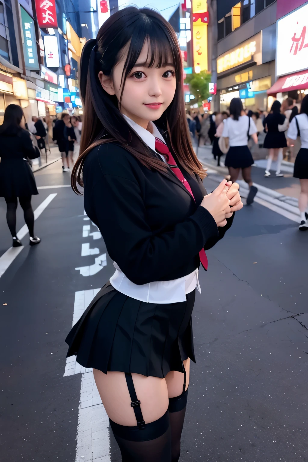 Super high image quality, natural brightness, natural light, beautiful girl, smile, black hair, long hair, Japan high school girl, uniform, mini skirt, whole body, beautiful skin type, station platform, beautiful legs, dance, open legs,