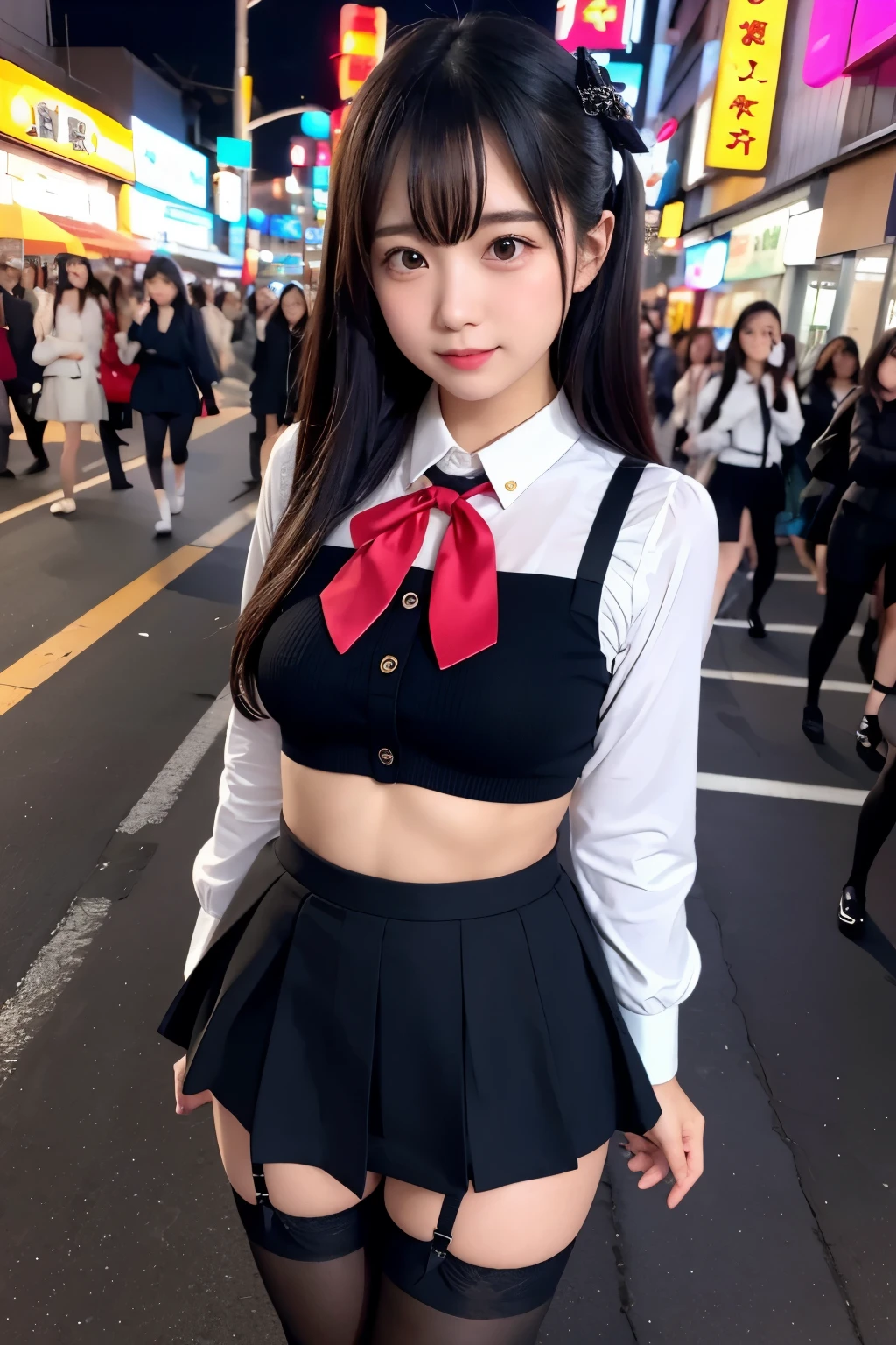high angle shot、center view、A woman standing on a neon street at midnight、Phenomenally cute 、japanese girl uniform、summer clothes、Microminiskirt、urreal 、loafers、She wears black tights that show a little bit of skin.、black tights、Japanese high school 、Nogizaka Idol、Plump thighs、Full body Esbian、garter belt、garter ring、leg garter