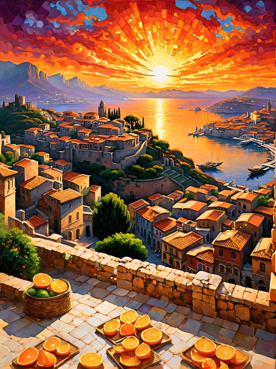 An ancient city at sunset, capturing the essence of the old town and the ambiance of the setting sun. The painting focuses on the historical architecture of the city, with its stone walls, arches, and tiled roofs. The sun is setting in the background, casting a warm, golden glow over the cityscape. The sky is a vibrant canvas of oranges, reds, and purples, reflecting the sun's final rays. The atmosphere is serene and nostalgic, emphasizing the timeless beauty of the ancient city under the enchanting sunset.