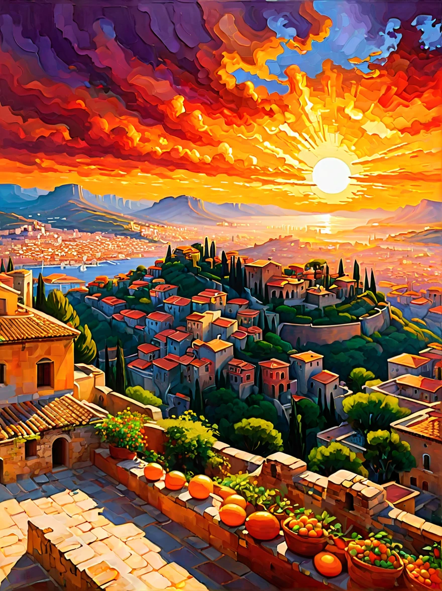 An ancient city at sunset, capturing the essence of the old town and the ambiance of the setting sun. The painting focuses on the historical architecture of the city, with its stone walls, arches, and tiled roofs. The sun is setting in the background, casting a warm, golden glow over the cityscape. The sky is a vibrant canvas of oranges, reds, and purples, reflecting the sun's final rays. The atmosphere is serene and nostalgic, emphasizing the timeless beauty of the ancient city under the enchanting sunset.