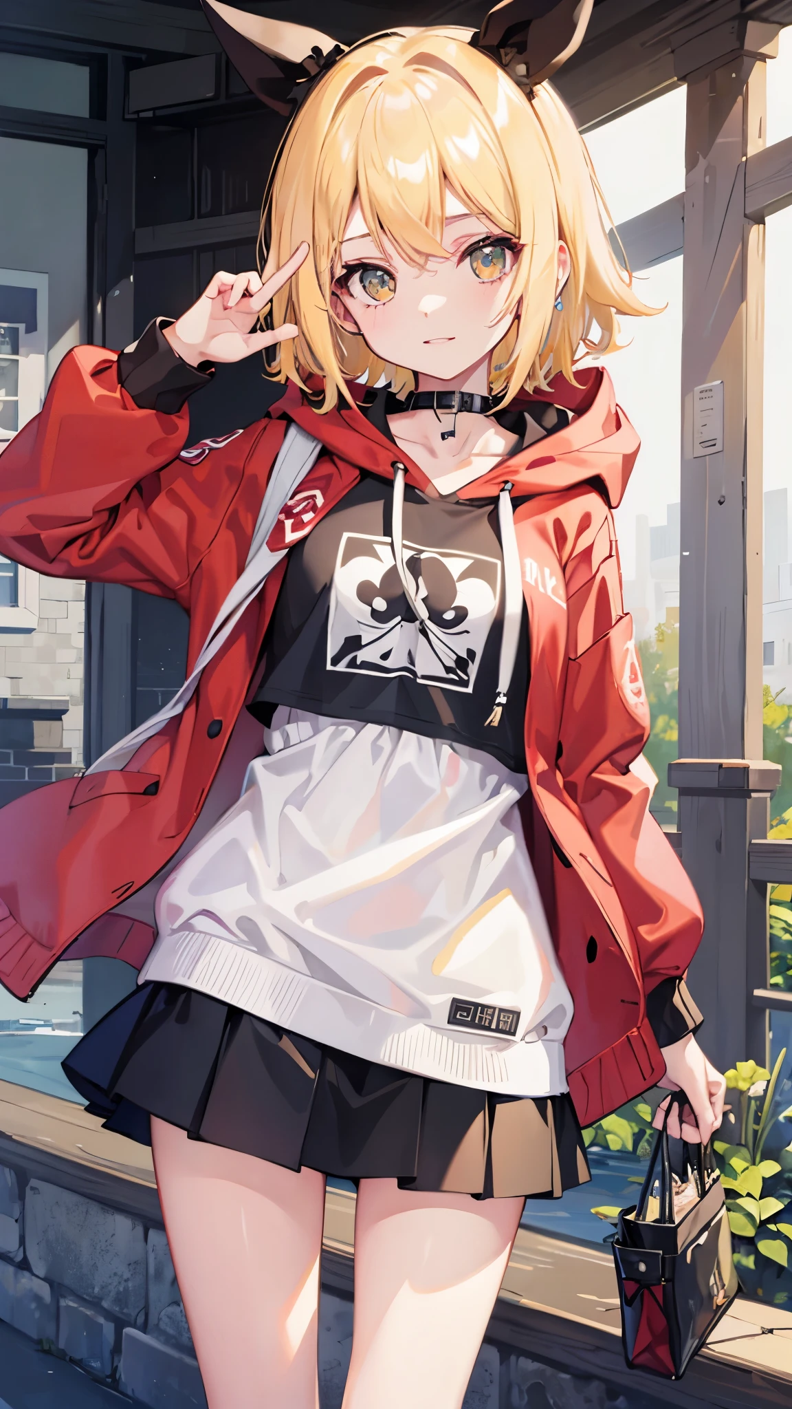 Kagamine rin , 1 girl , wearing a red hooded sweater , white miniskirt with gold horizontal lines , viendo al espectador , bragas visibles , rostro seductor ,(imagen de ultra alta calidad 8k ) obra maestra ( high-definition picture ) , maximum image resolution , ( detalles de la imagen bien definidos )