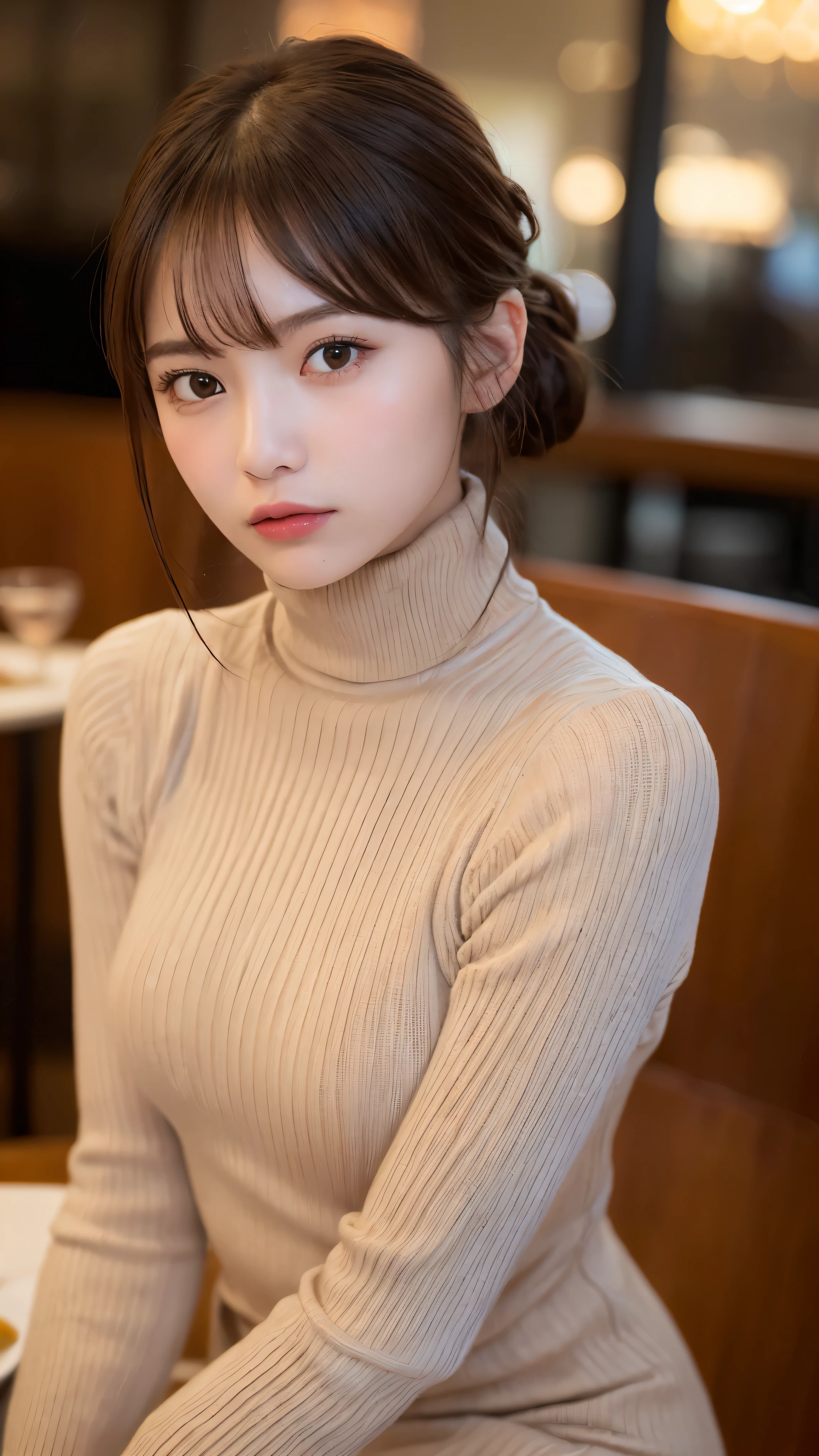 ((NSFW))、(masterpiece:1.5)、(realistic:1.5)、(highest quality:1.4、8K、RAW photo)、 ultra high resolution、professional lighting、perfect dynamic composition、Photographed at a stylish restaurant、 film grain、chromatic aberration、(Bokeh:1.1)、 Frank、Sophisticated、charm、超realistic、high detail、golden ratio、 (1 girl)、slender girl、繊細でcharm女の子、cute woman:1.4、 serious expression、looking at the viewer、sculpture installation、Are standing、light brown hair、shining hair、Hair style is ponytail、 skin that looks real、 close your mouth、fine eyes、double eyelid、thin arms、(She is wearing a turtleneck ribbed sweater dress.:1.3)