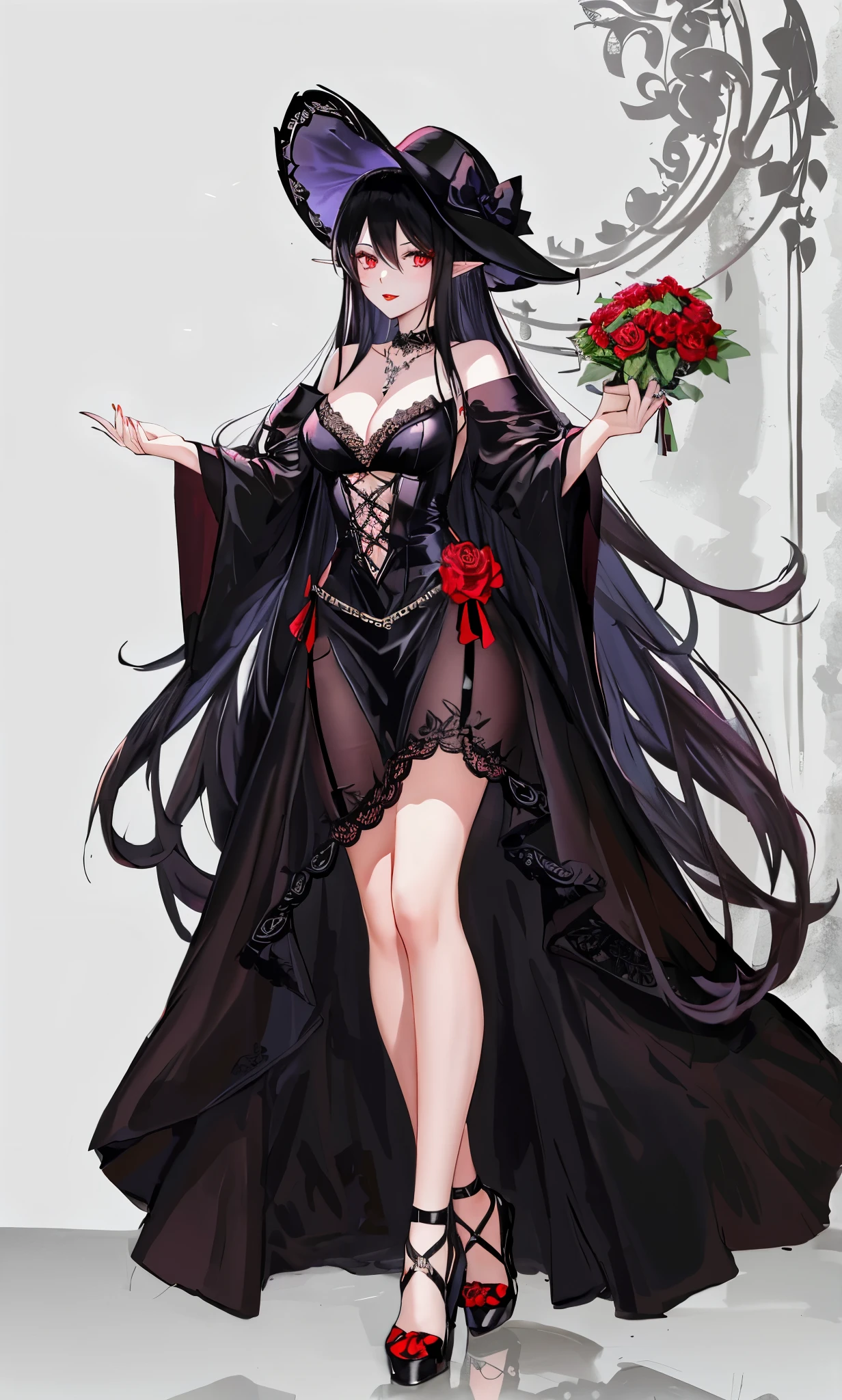 long black hair,close up,dream world,Elf royal sister,red lips,long black hair凌乱的发丝,Nice red eyes,ruins background,Black Rose Garden,grace,Manicure,Huge wide-brimmed black hat,(Black lady hat),necklace,humanoid,Baroque, Her skin is very white, fair complexion,(Black lace long dress,Black lace suspenders),pointed toe high heels,