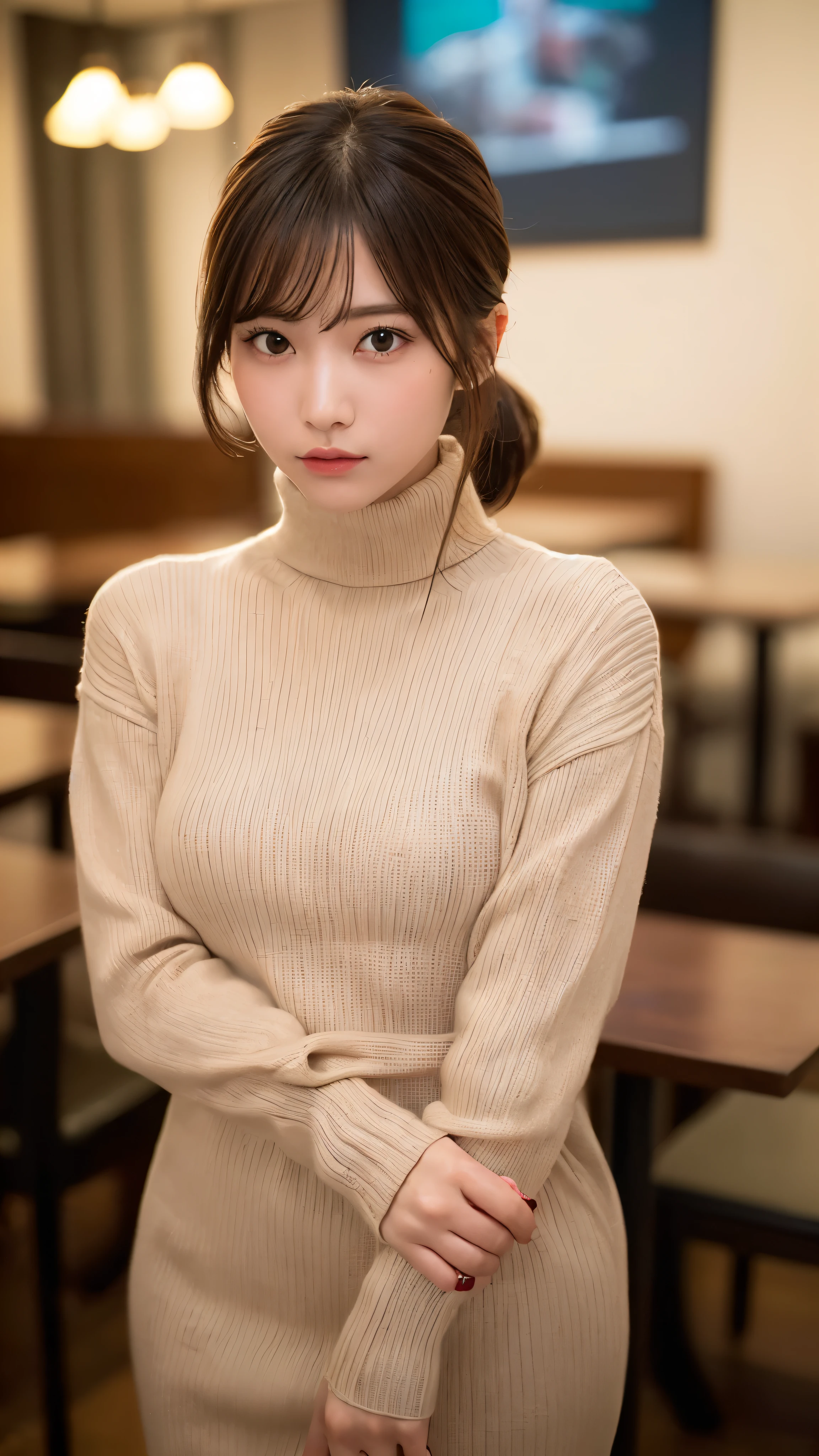 ((NSFW))、(masterpiece:1.5)、(realistic:1.5)、(highest quality:1.4、8K、RAW photo)、 ultra high resolution、professional lighting、perfect dynamic composition、Photographed at a stylish restaurant、 film grain、chromatic aberration、(Bokeh:1.1)、 Frank、Sophisticated、charm、超realistic、high detail、golden ratio、 (1 girl)、slender girl、繊細でcharm女の子、cute woman:1.4、 serious expression、looking at the viewer、sculpture installation、Are standing、light brown hair、shining hair、Hair style is ponytail、 skin that looks real、 close your mouth、fine eyes、double eyelid、thin arms、(She is wearing a turtleneck ribbed sweater dress.:1.3)