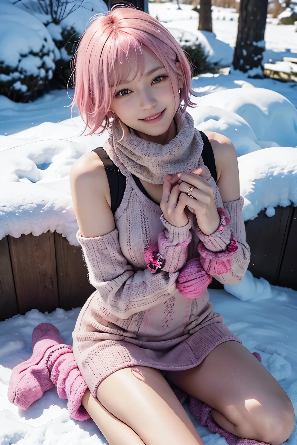 (8K, top-quality, masterpiece:1,2), (reallistic, Photorealsitic:1.37), Super Detail, One girl,), (Highly detailed), (beautifully detailed eyes), (of the highest quality), (super detailed ), (masterpiece), (Detailed face),20yr old, ,1 girl, ((pink hair,Very short hair)), medium breasts, clothed, Perfect Lighting, BREAK (colorful knit pattern:1.3), knit dress, (bodycon silhouette:1.4), fringe, pompom, (warm socks:1.2), boots, (beads:1.2), pearl, BREAK smiling gently, holding up fringed scarf with right hand, showing pompom glove with left hand, (snowy scenery:1.3), colorful illumination on trees, illumination light reflecting on face and clothes