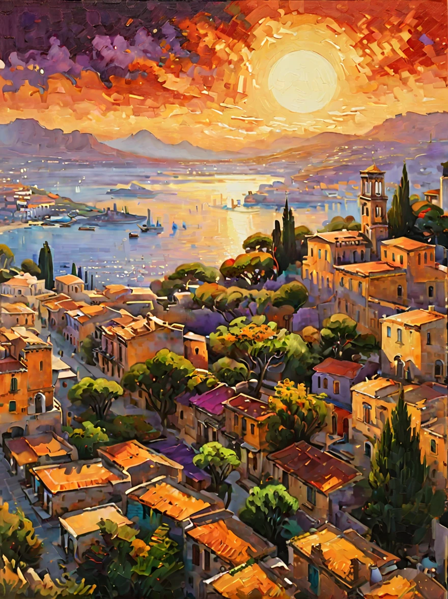 ancient city at sunset, vibrant sunset hues, historical buildings silhouette, glowing sky, peaceful river, reflecting sun, lush greenery, city walls, towers, tranquil atmosphere, old-world charm, birds flying home