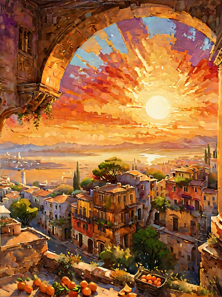 An ancient city at sunset, capturing the essence of the old town and the ambiance of the setting sun. The painting focuses on the historical architecture of the city, with its stone walls, arches, and tiled roofs. The sun is setting in the background, casting a warm, golden glow over the cityscape. The sky is a vibrant canvas of oranges, reds, and purples, reflecting the sun's final rays. The atmosphere is serene and nostalgic, emphasizing the timeless beauty of the ancient city under the enchanting sunset.