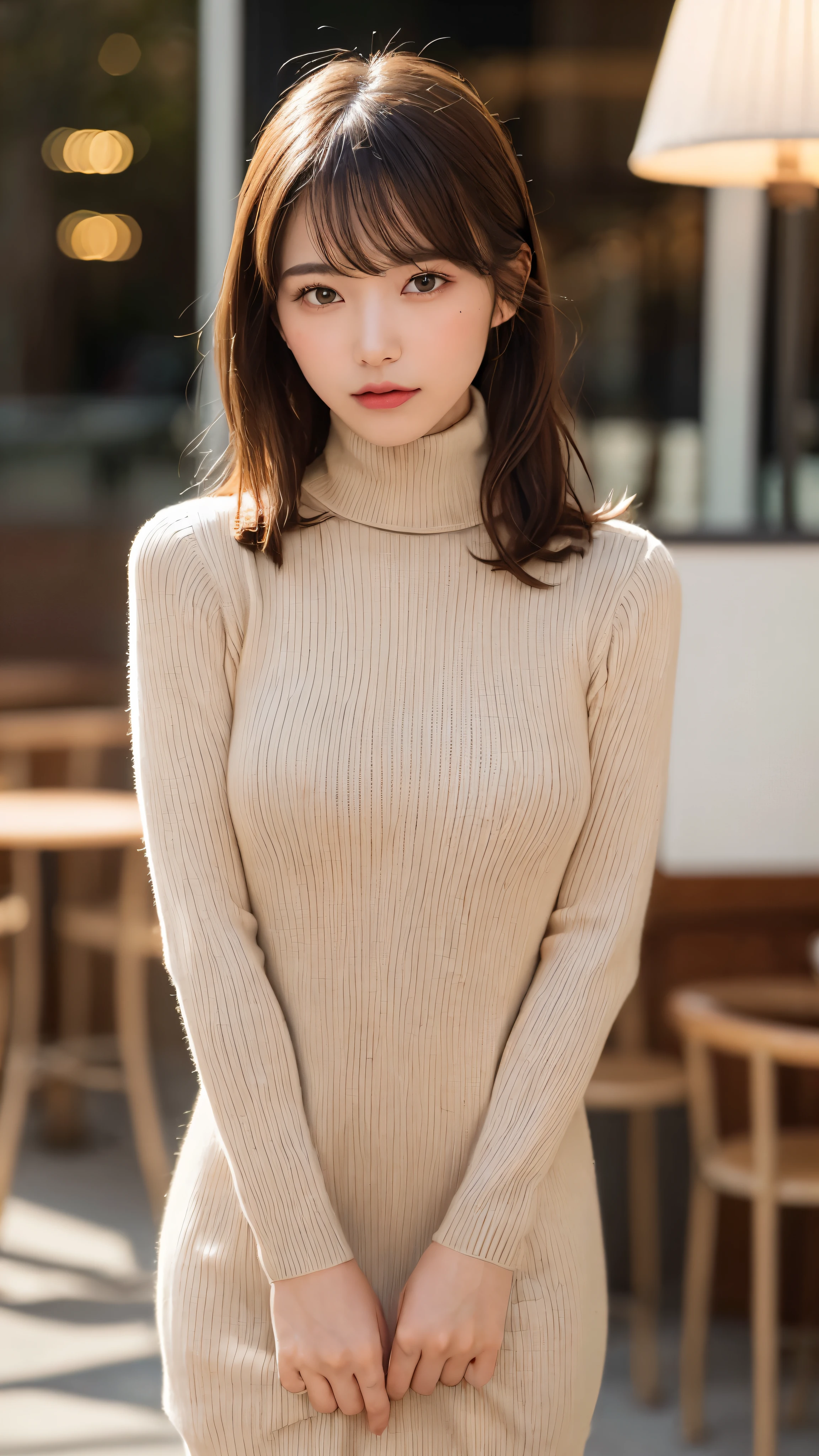 ((NSFW))、(masterpiece:1.5)、(realistic:1.5)、(highest quality:1.4、8K、RAW photo）、 ultra high resolution、professional lighting、perfect dynamic composition、Shot in a fashionable café、 film grain、chromatic aberration、(Bokeh:1.1)、 Frank、Sophisticated、charm、超realistic、high detail、golden ratio、 (1 girl)、slender girl、繊細でcharm女の子、cute woman:1.4、 serious expression、looking at the viewer、sculpture installation、Are standing、light brown hair、shining hair、Hair style is ponytail、 skin that looks real、 close your mouth、fine eyes、double eyelid、thin arms、(She is wearing a turtleneck ribbed sweater dress.:1.3)