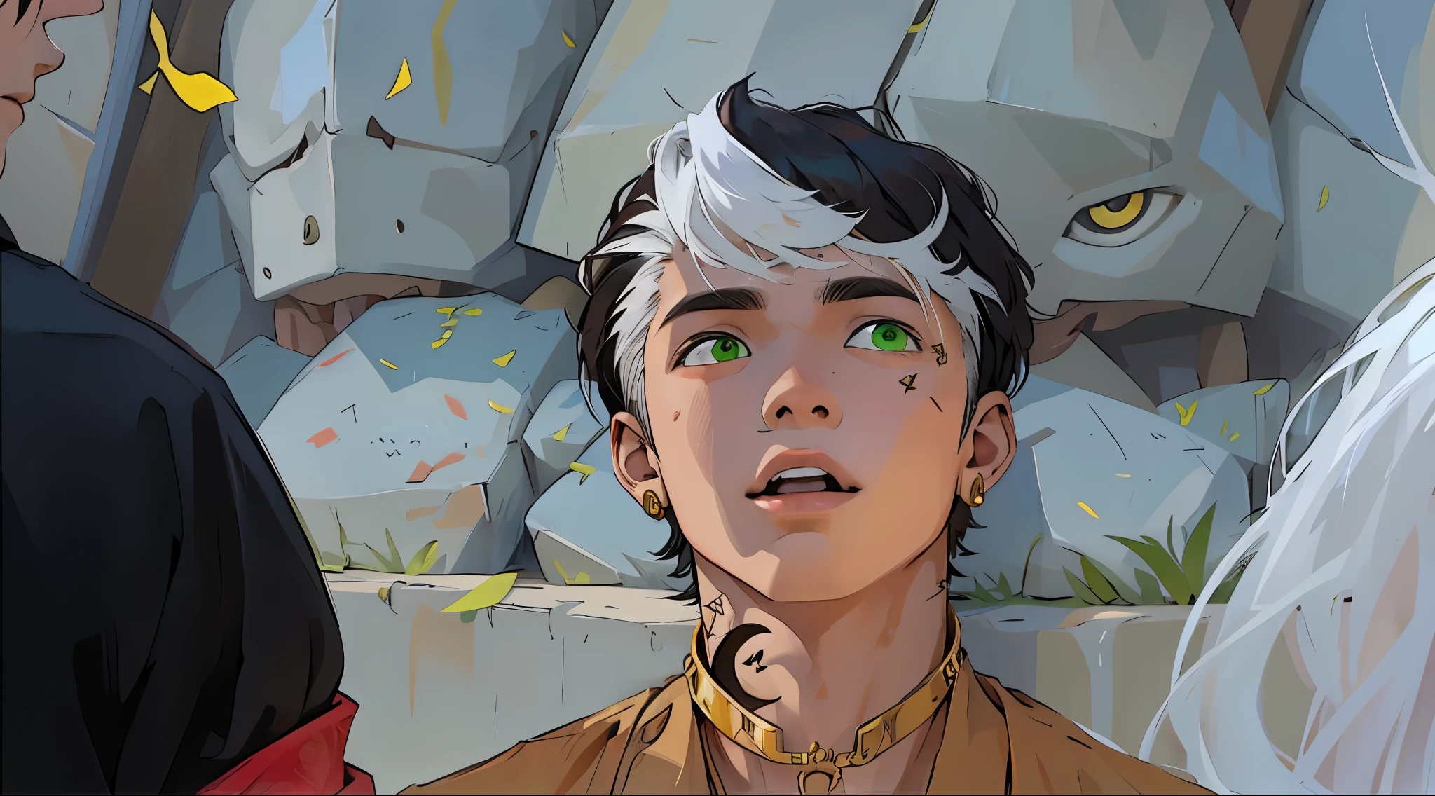 There is a -yeld boith straight white hair, dark brown skin, dark reddish cinnamon skin., ojos verde tiene joyas de oro en la cabeza y cuello y esta mirando a alguien
