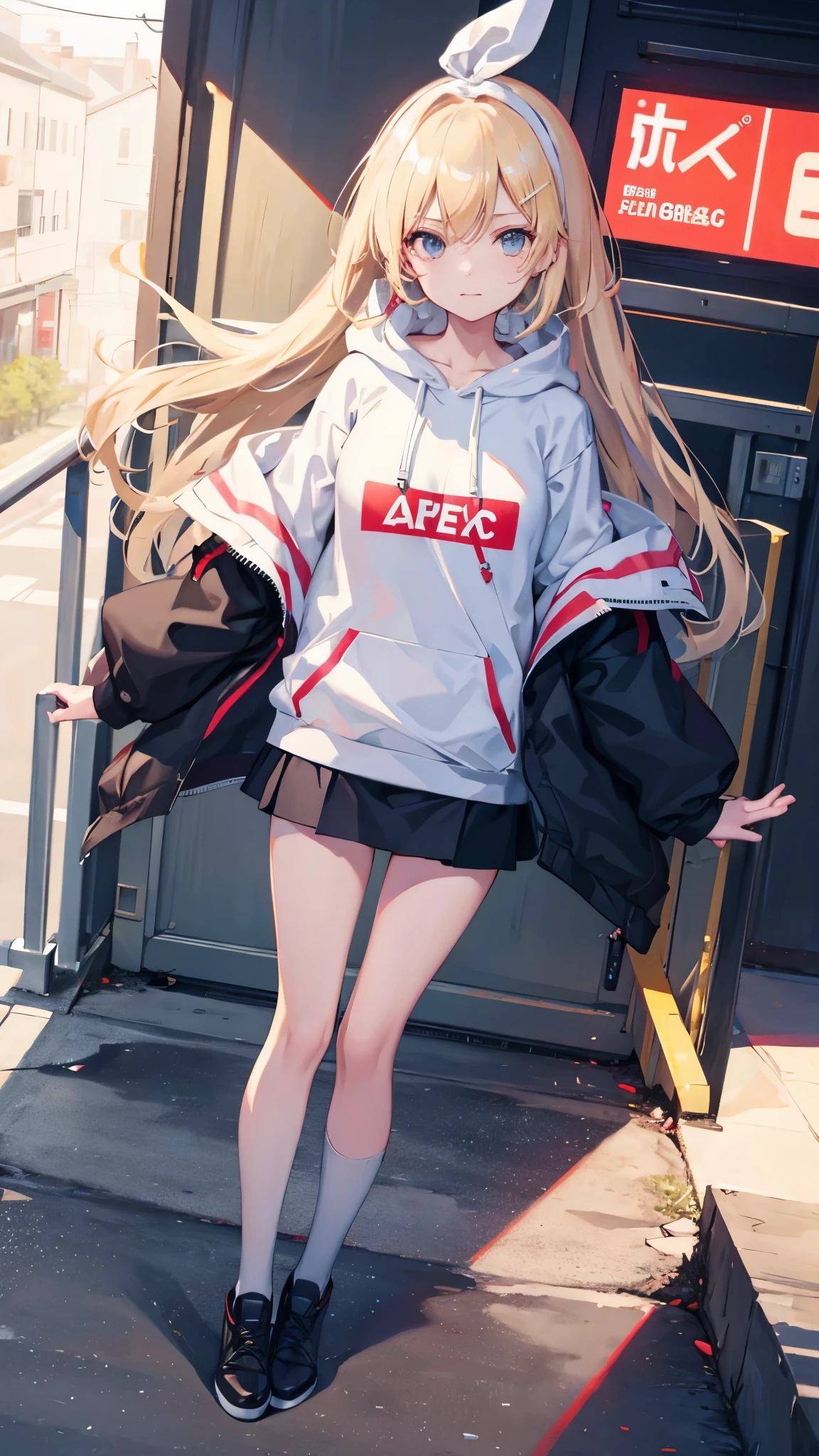Kagamine rin , 1 girl , wearing a red hooded sweater , white miniskirt with gold horizontal lines , viendo al espectador , bragas visibles , rostro seductor ,(imagen de ultra alta calidad 8k ) obra maestra ( high-definition picture ) , maximum image resolution , ( detalles de la imagen bien definidos )
