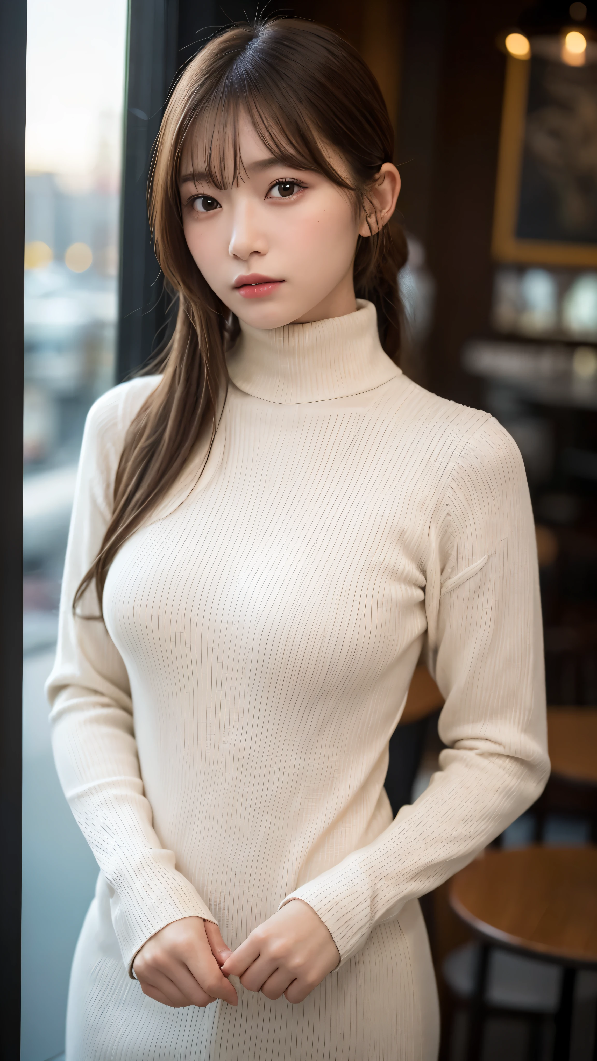 ((NSFW))、(masterpiece:1.5)、(realistic:1.5)、(highest quality:1.4、8K、RAW photo)、 ultra high resolution、professional lighting、perfect dynamic composition、Shot in a fashionable café、 film grain、chromatic aberration、(Bokeh:1.1)、 Frank、Sophisticated、charm、超realistic、high detail、golden ratio、 (1 girl)、slender girl、繊細でcharm女の子、cute woman:1.4、 serious expression、looking at the viewer、sculpture installation、Are standing、light brown hair、shining hair、Hair style is ponytail、 skin that looks real、 close your mouth、fine eyes、double eyelid、thin arms、(She is wearing a white turtleneck ribbed sweater dress.:1.3)
