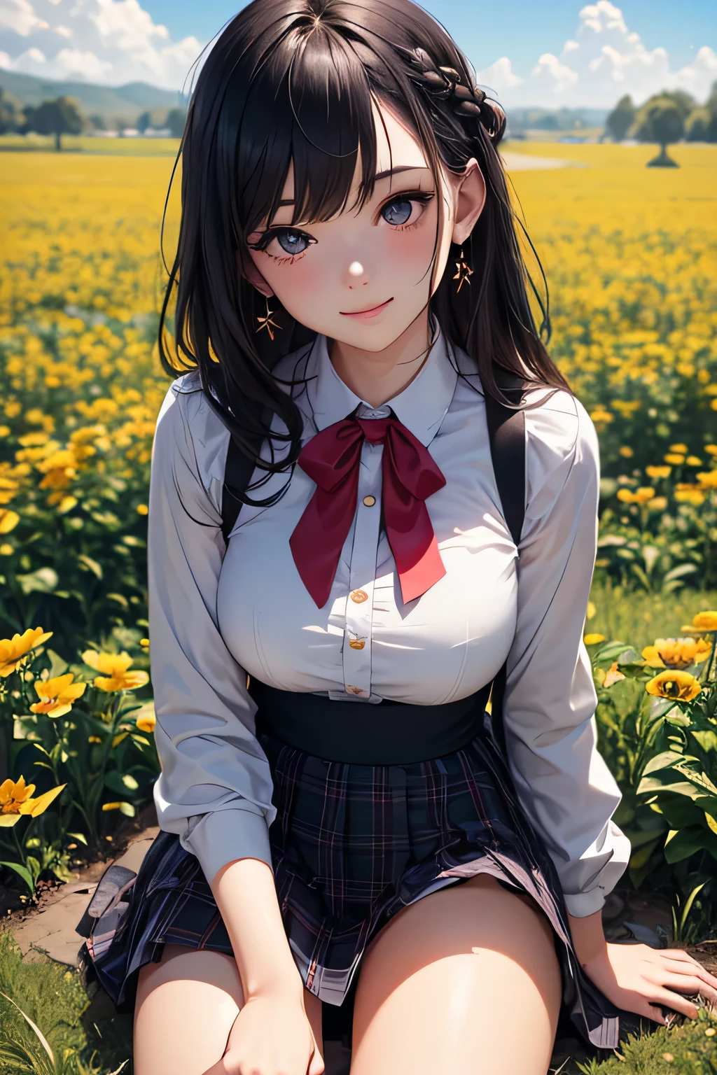 very cute and beautiful girl,(very detailed美しい顔と目:1.2),
(smile),white blouse,ribbon,Pleated Plaid Mini Skirt,
sitting,spread your legs,white panties,dynamic angle,looking at the viewer,black hair,twin blade,
Flower garden gazebo,grassland,rural area,
(highest quality,masterpiece:1.2),disorganized,High resolution,super detailed,very detailed,32K,8K resolution,
intricate details,movie-like scene,detailed background,alone,dynamic angle,
hair blowing in the wind,beautiful and detailed sky,